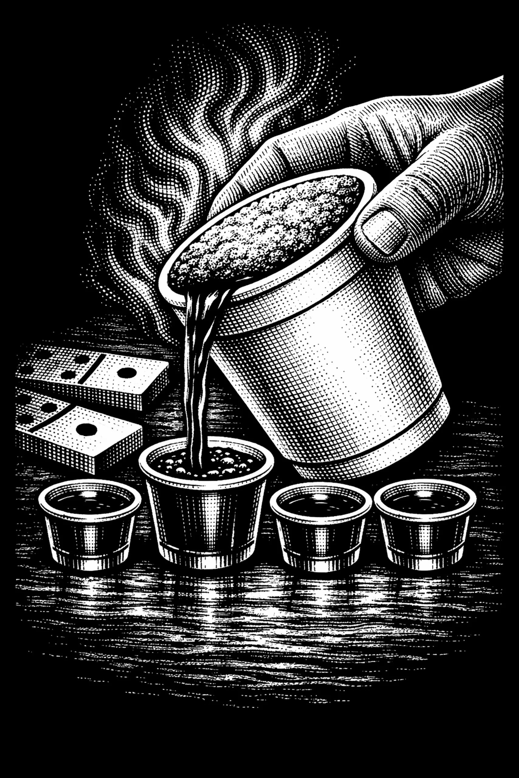 High-contrast black-and-white engraving of a right hand tipping a large cup, pouring a ribbon of liquid into the second of four small cups on a wood-grain tabletop; stippled steam rises behind the cup and three.