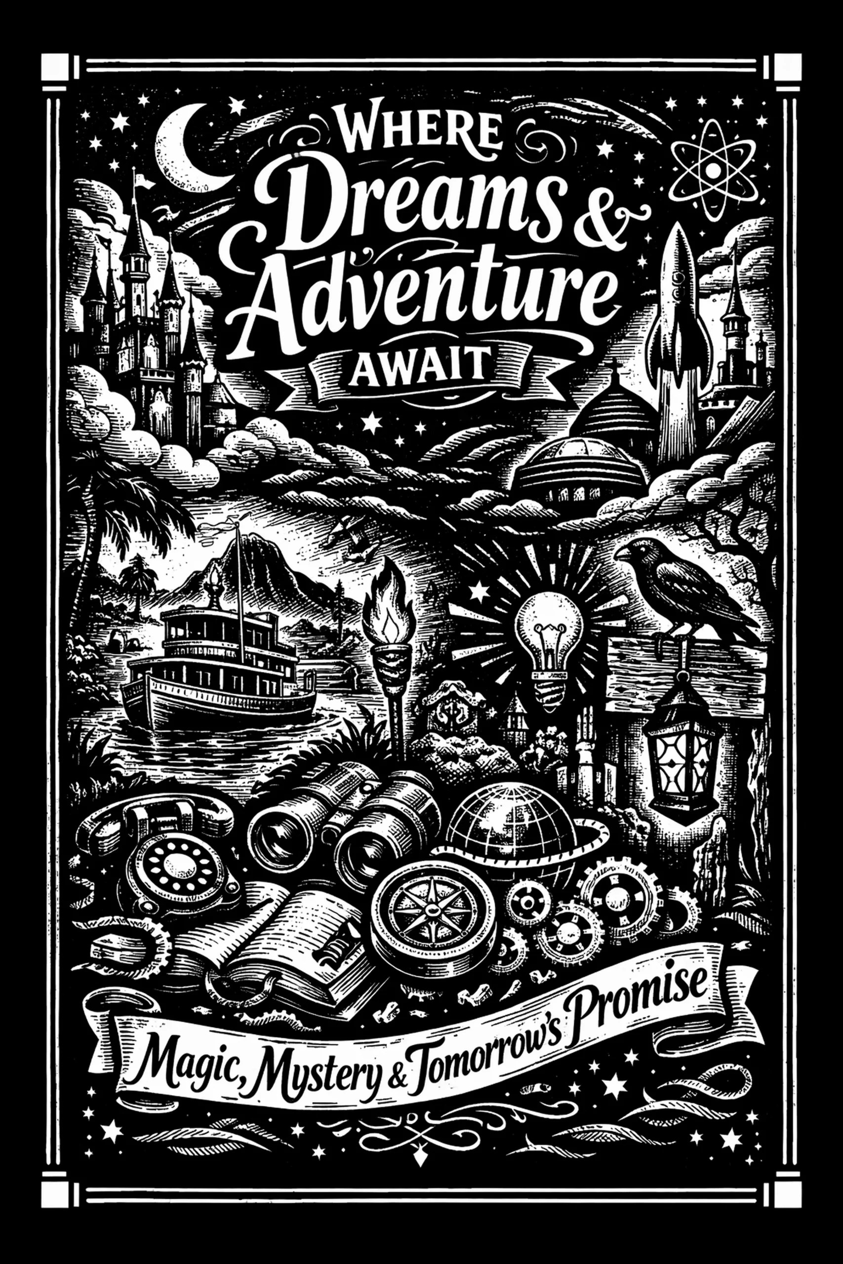 Vertical monochrome engraving: ornate text 'Where Dreams & Adventure AWAIT' at top with moon and stars; left castle and right rocket in clouds; central bulb, torch and signpost with bird; lower still-life of.