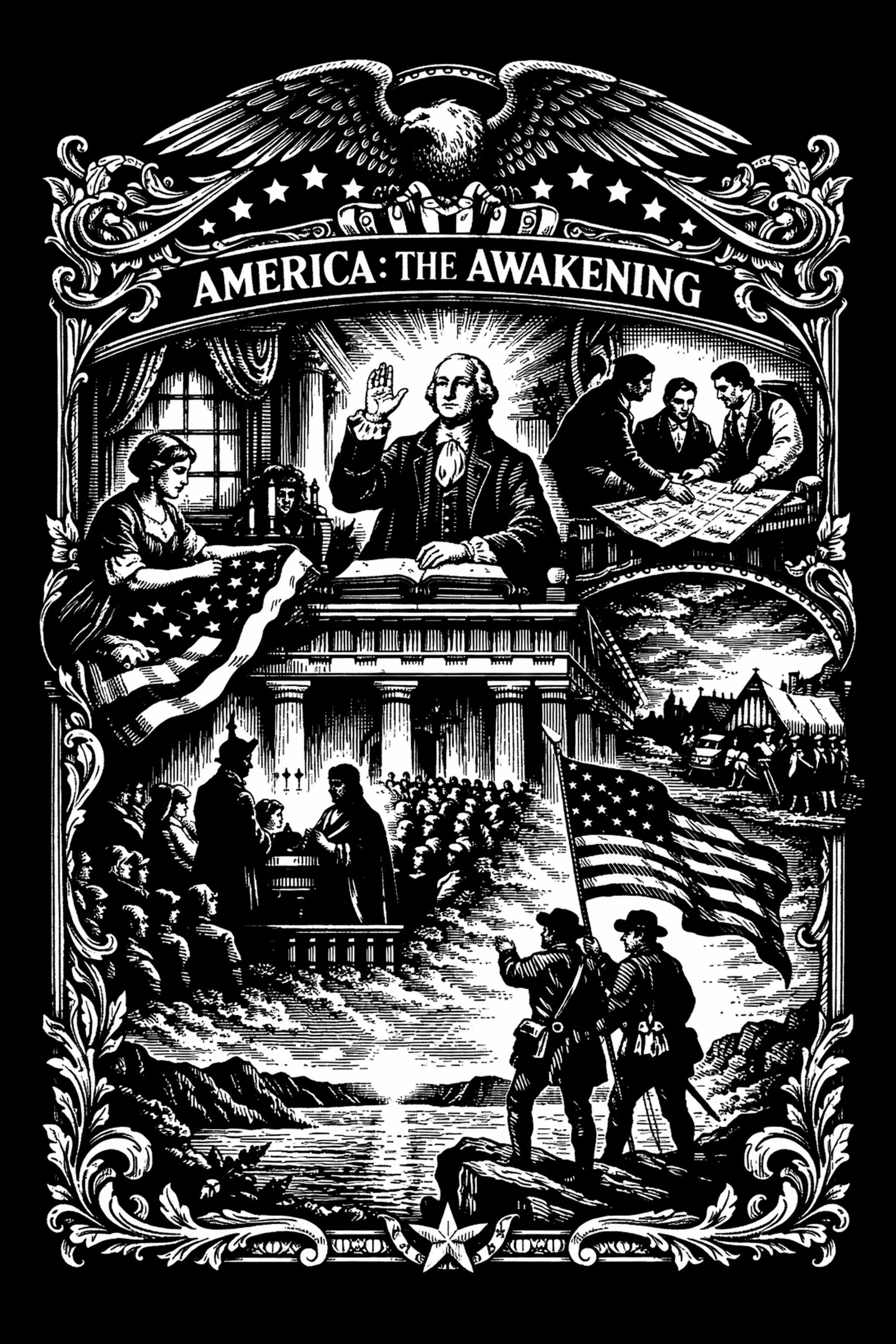 Black-and-white engraved montage titled 'AMERICA: THE AWAKENING' showing a central man taking an oath with radiating beams behind his head, an eagle and arched star banner above, a seated woman holding a folded flag at.