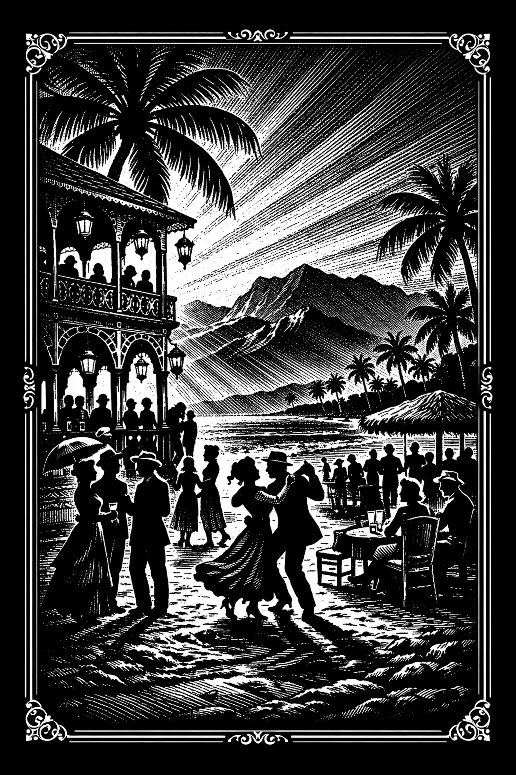 Vertical black-and-white engraved scene of a silhouetted dancing couple on a beach near an ornate two-story verandah; palm trees, a cluster of shoreline figures under a thatched umbrella, a seated table with two.