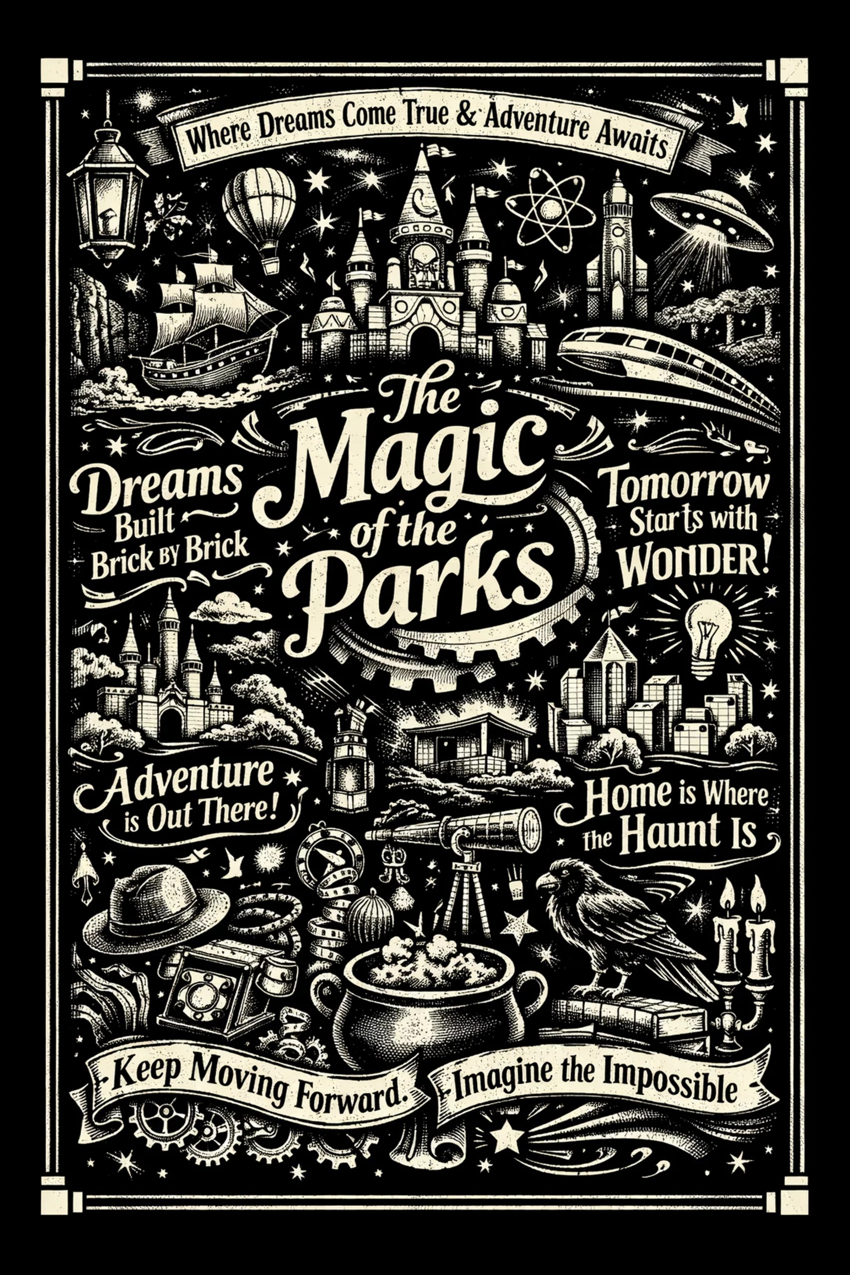 Vertical black-and-cream illustration titled "The Magic of the Parks" showing a fairy-tale castle and starry sky above a large hand-lettered title surrounded by vignettes including a hot-air balloon, sailing ship.