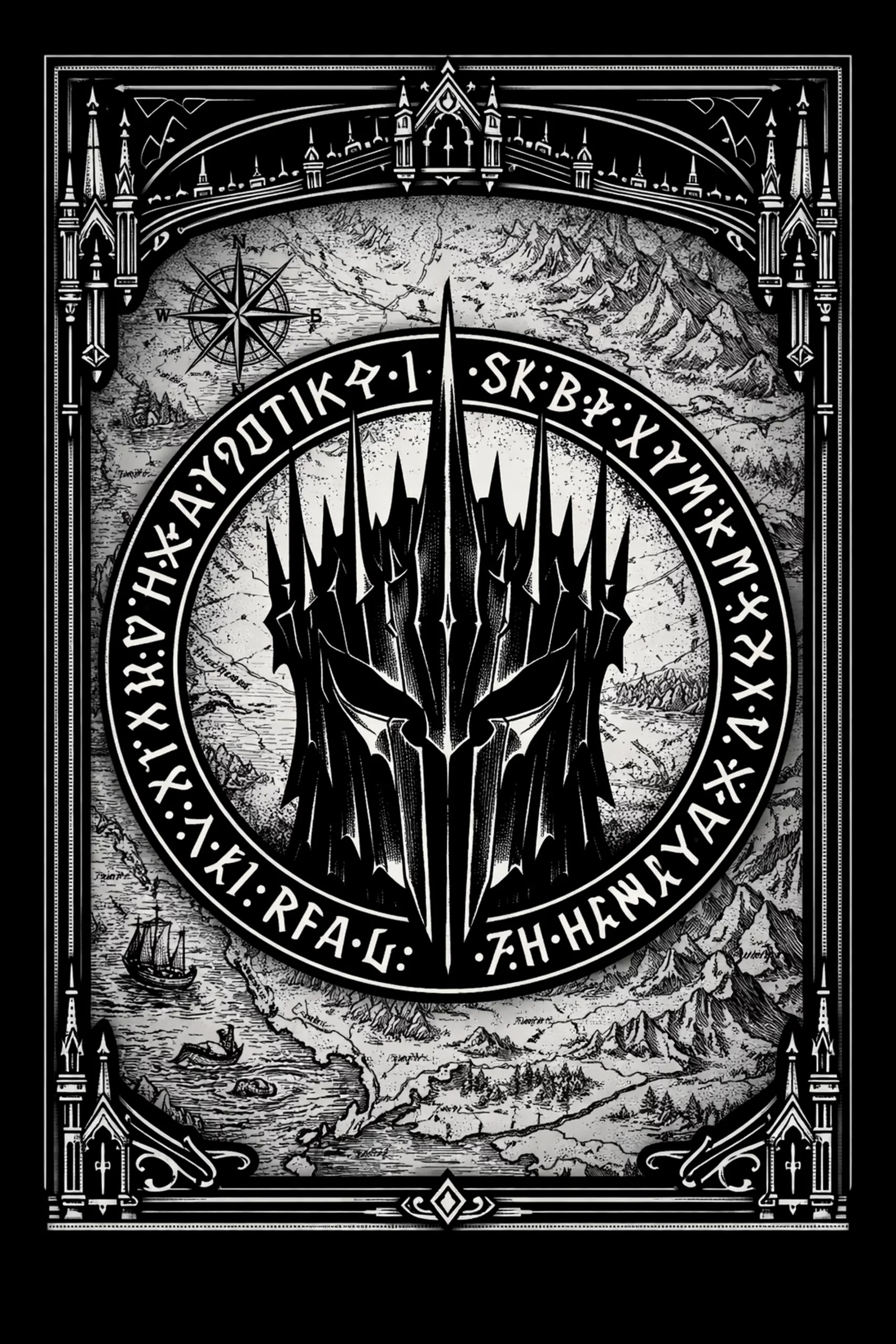 Black-and-white engraved scene: central circular emblem containing a tall spired helmet silhouette surrounded by a ring of runic glyphs, set against a detailed map with mountains, coastlines, a compass rose and two.