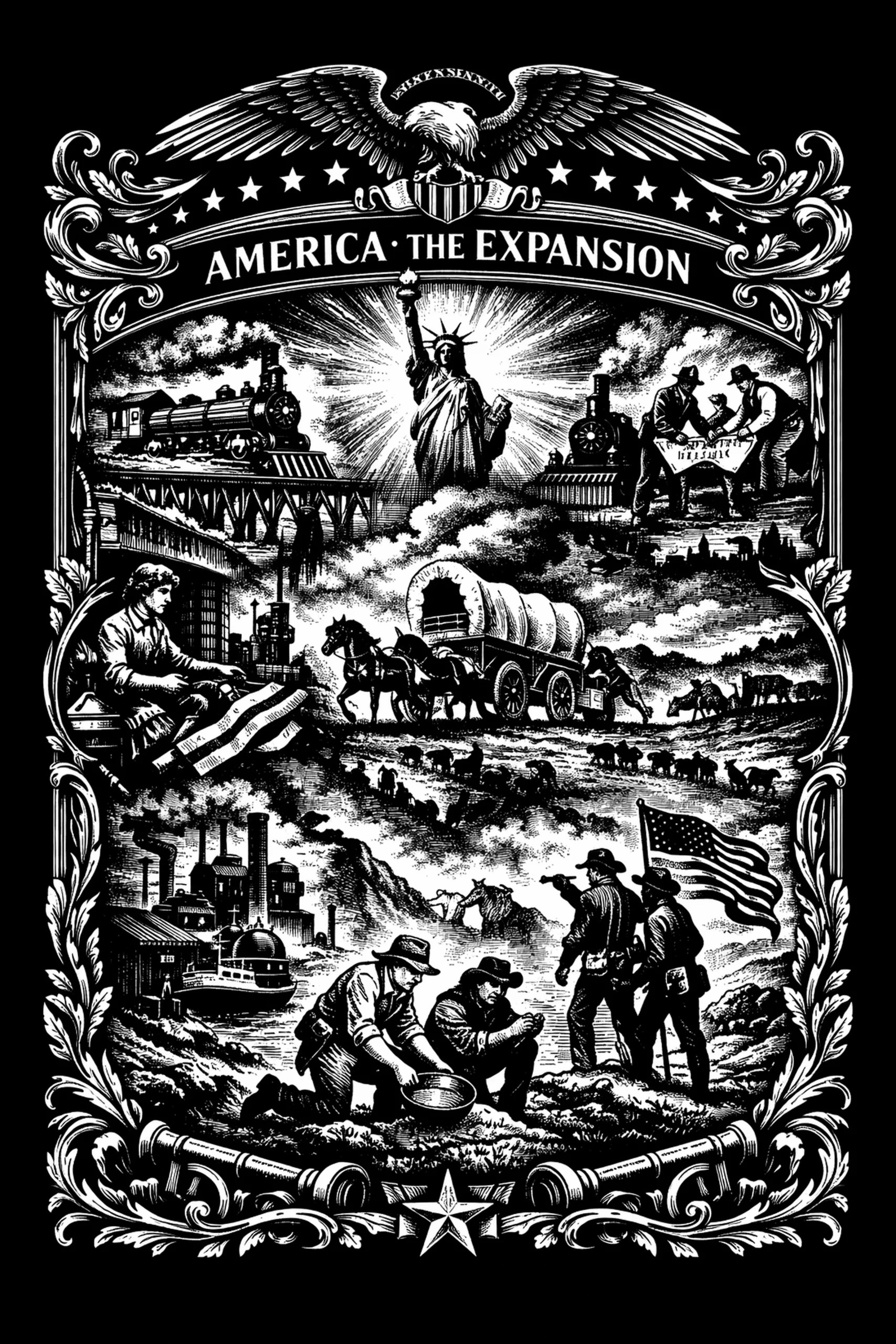 Vertical engraved scene with a spread-wing eagle and banner reading 'AMERICA - THE EXPANSION' above a radiant statue; flanked by steam locomotives, a covered wagon and herds in the middle, factories at lower left and.