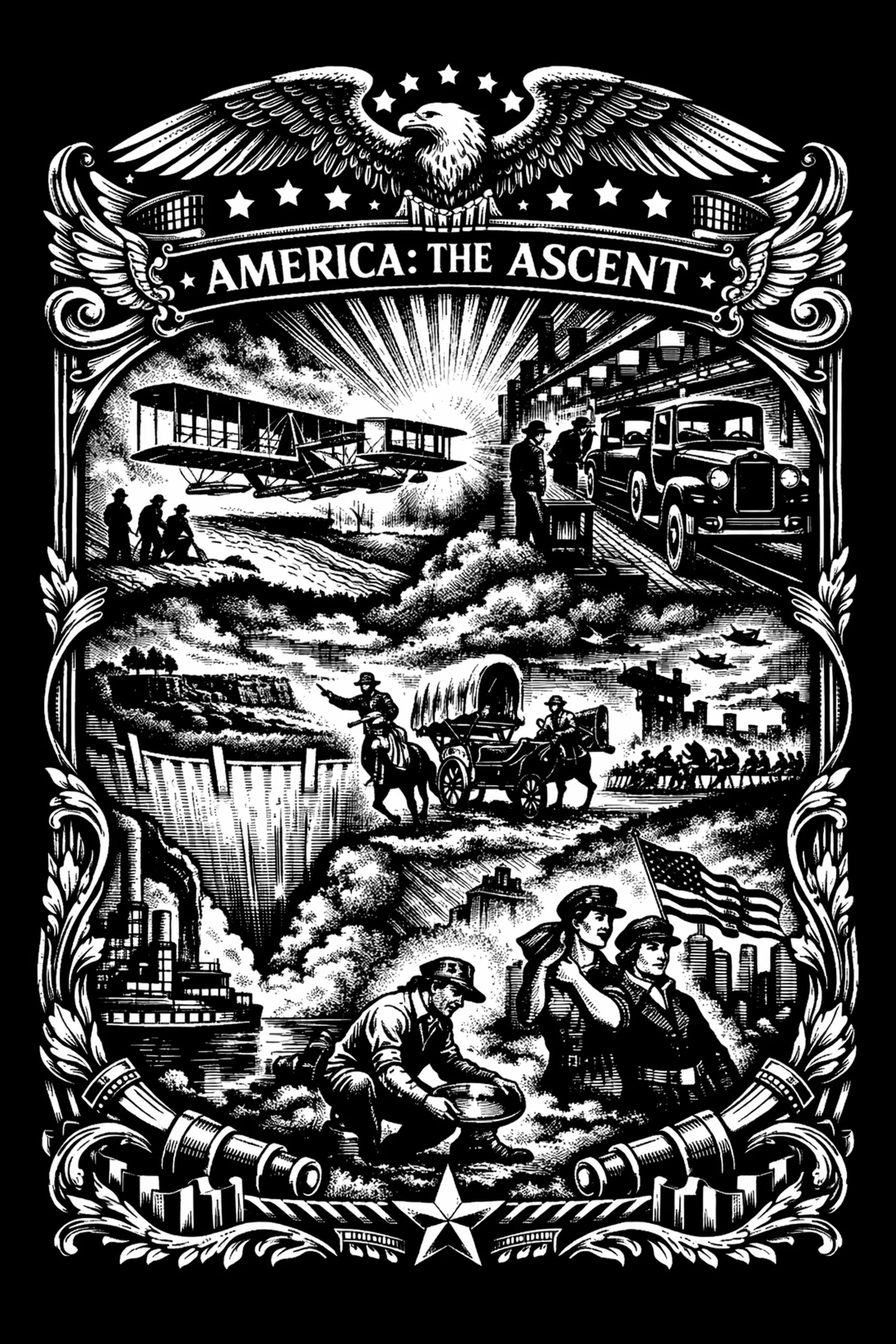 Vertical monochrome illustration with an eagle and arced banner reading 'AMERICA: THE ASCENT' at the top, a central sunburst behind a biplane, a covered wagon and riders above a vertical waterfall chasm, industrial.