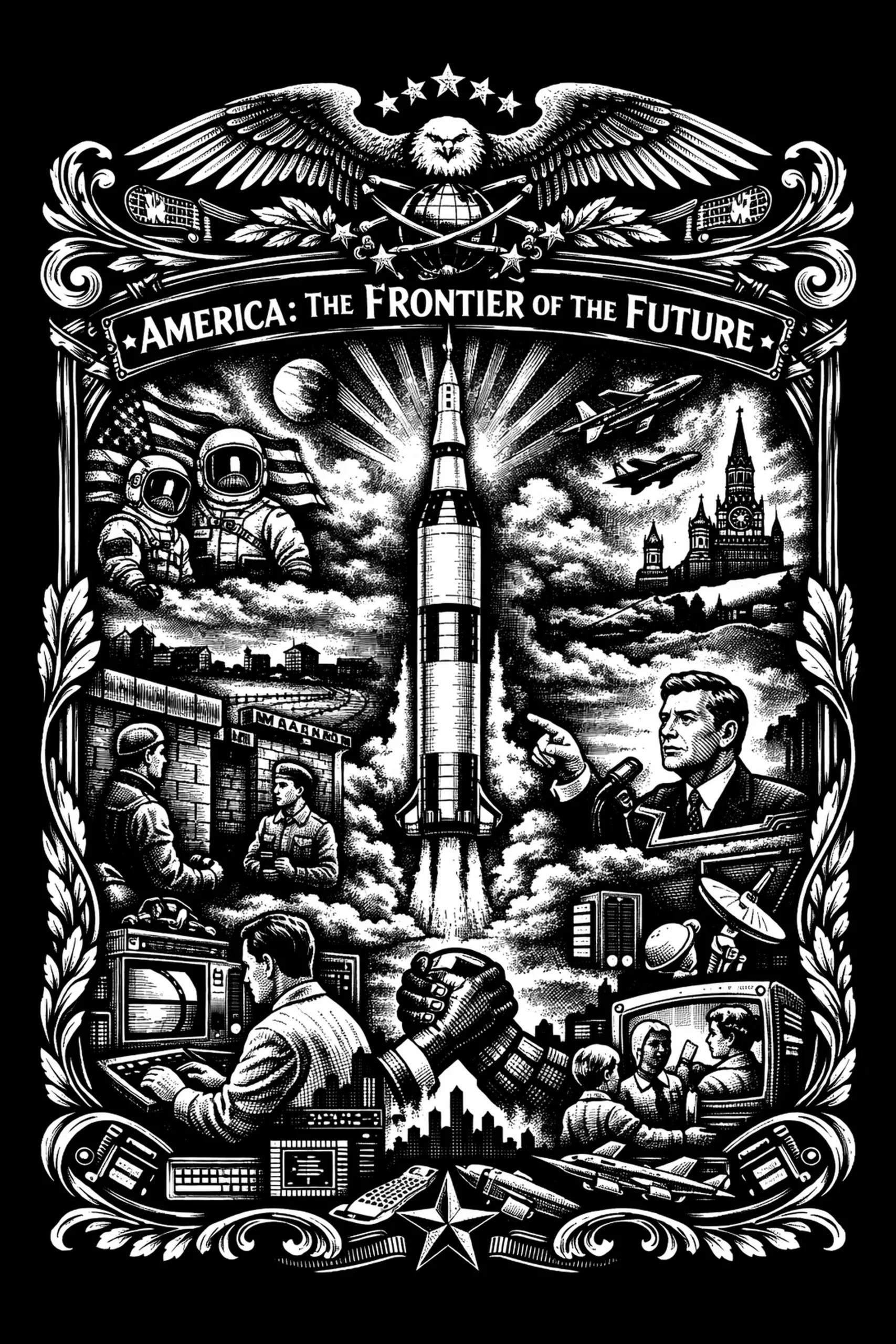 Black-and-white emblematic engraving showing a central multi-stage rocket with radiating rays, an eagle and banner reading "AMERICA: THE FRONTIER OF THE FUTURE" at the top, astronauts and a waving flag at left, a spired.