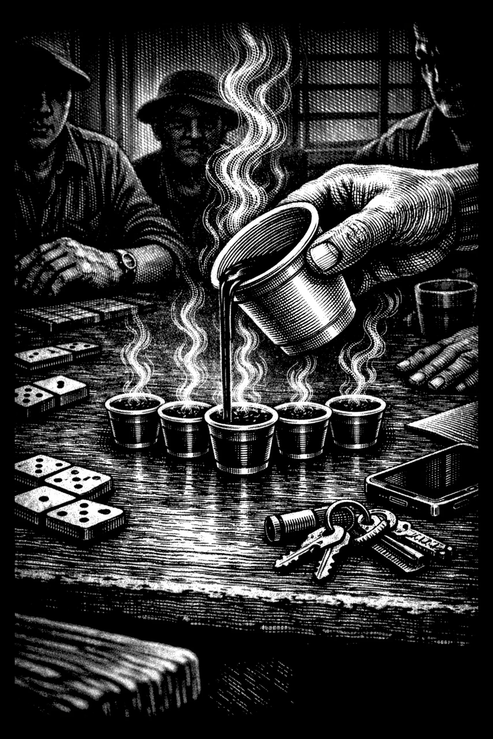 Black-and-white engraved scene showing a large right hand tipping a small metal cup to pour liquid into a row of five cups on a worn wooden table; steam rises and three shadowed seated figures sit behind the table with.