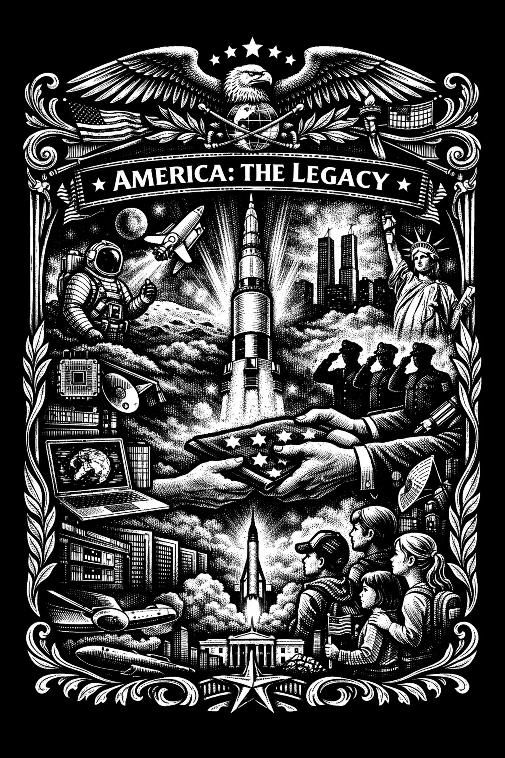 High-contrast black-and-white engraving showing a central multi-stage rocket with radiating beams under a banner reading 'AMERICA: THE LEGACY'; an eagle with outstretched wings crowns the top. Two pairs of hands.