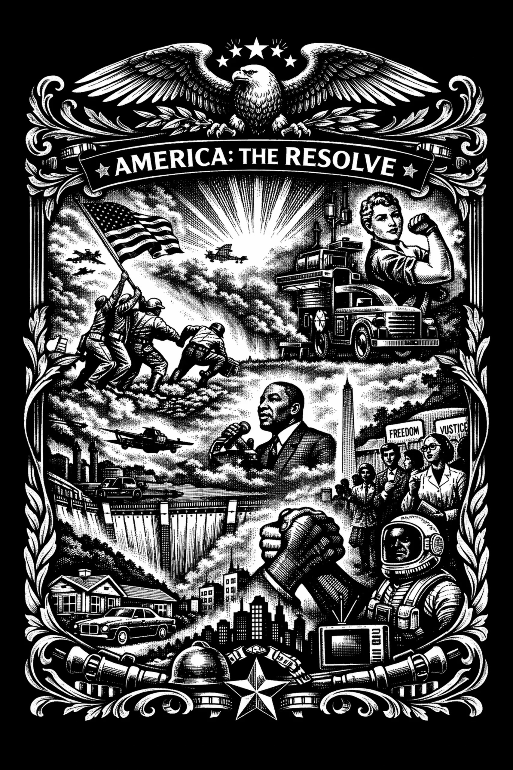 Vertical black-and-white engraved montage with an eagle and banner reading AMERICA: THE RESOLVE at top, central sunburst, soldiers raising a flag at upper left, a flexing worker and truck at upper right, a speaker at a.