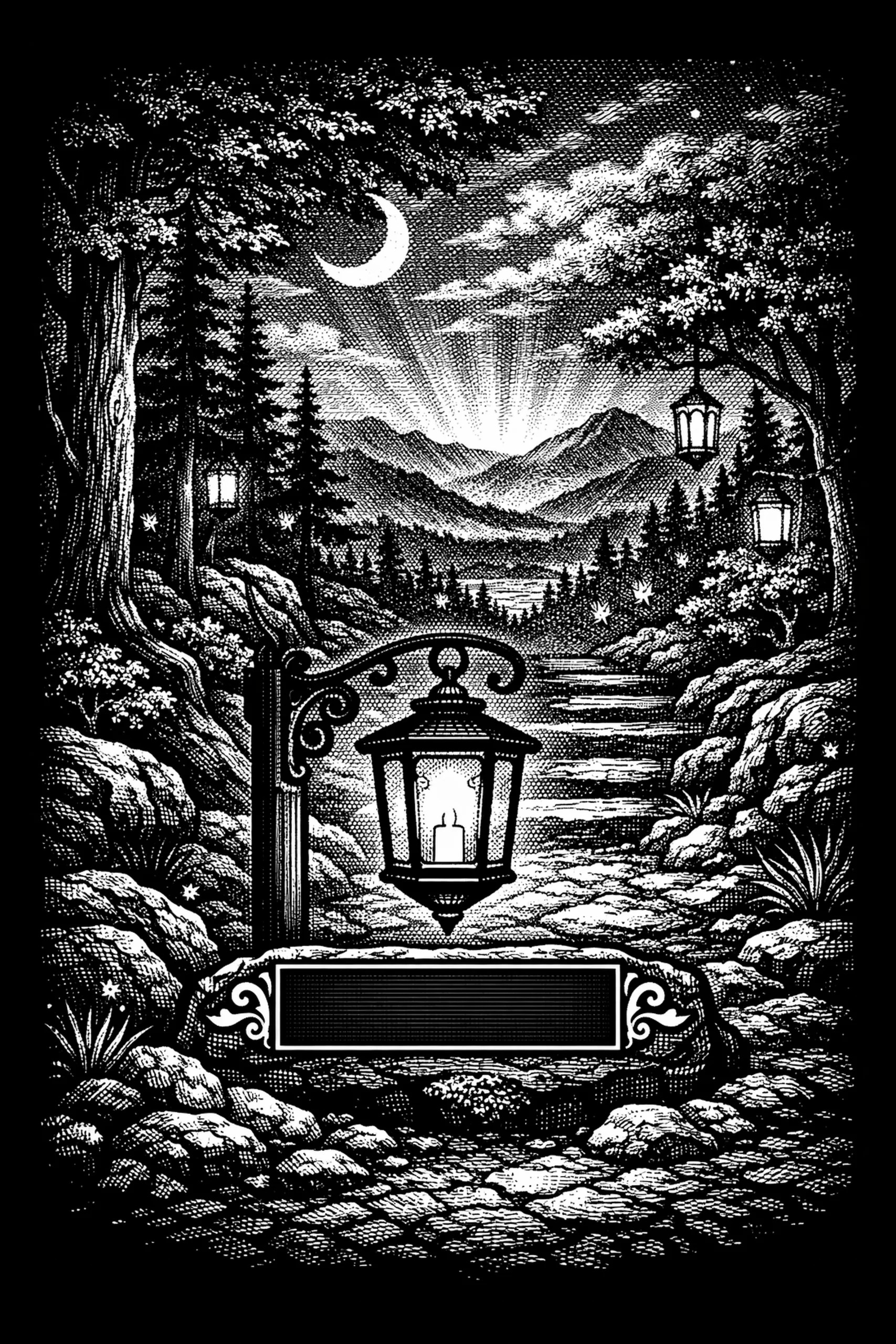 High-contrast etching of an ornate hanging lantern over a carved stone slab and cobbled foreground; a stepped path recedes between rock banks and trees toward a reflective band of water and layered mountains with.