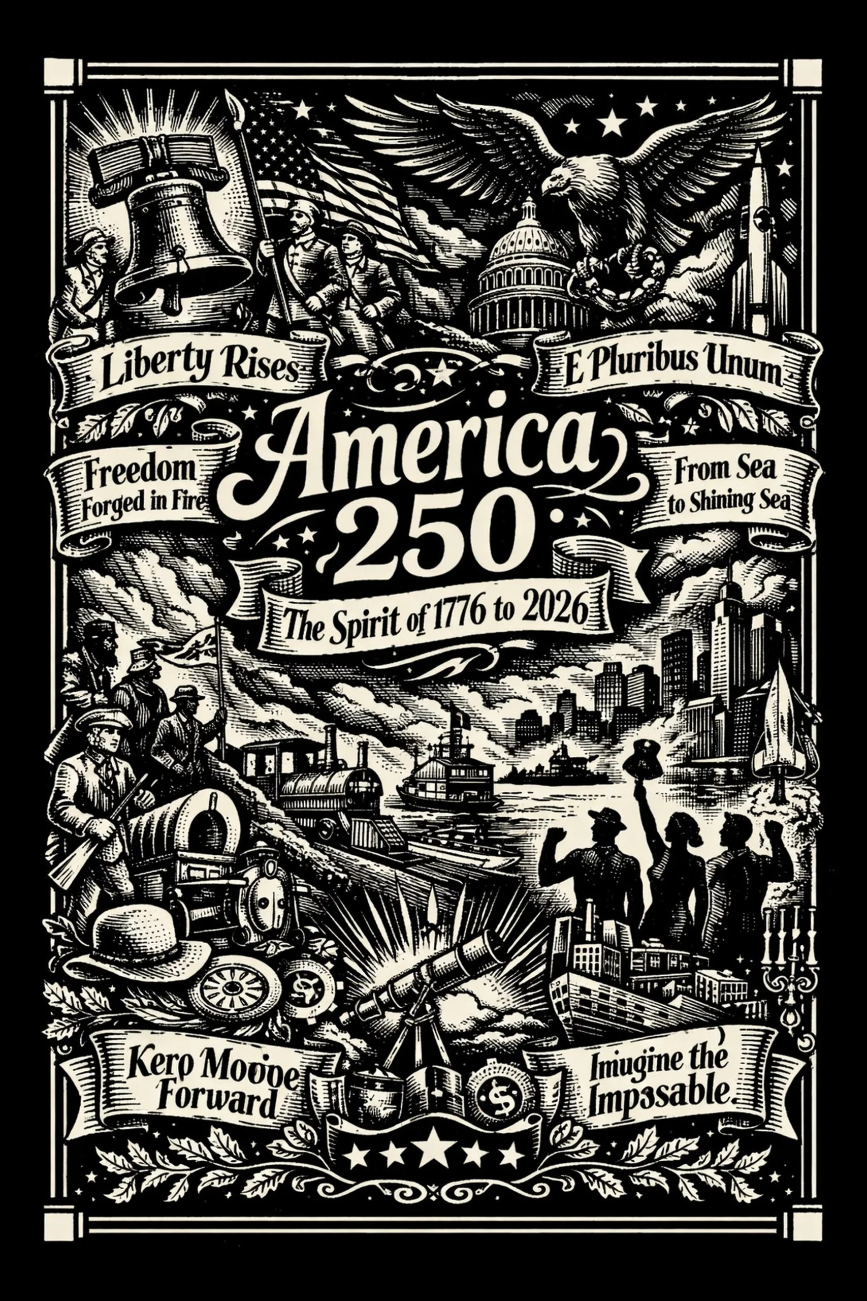 Vertical cream-on-black engraved tableau centered on the words "America 250" with a ribbon reading "The Spirit of 1776 to 2026," surrounded by a Liberty Bell and Revolutionary figures at top-left, a bald eagle and.