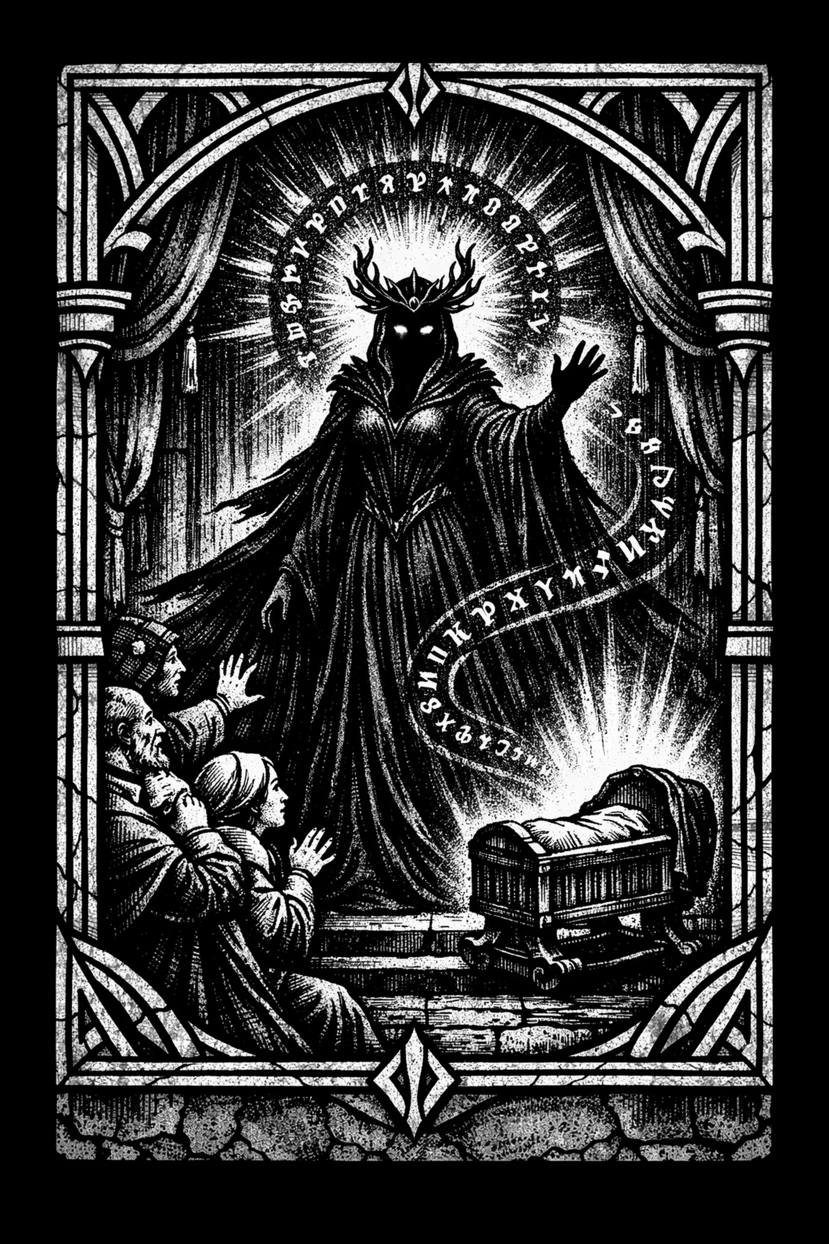 Monochrome illustration of a tall hooded figure with antlers and two glowing eyes beneath a radiating halo, a raised right hand sending a ribbon of runes to a glowing cradle on the lower right, and three kneeling.
