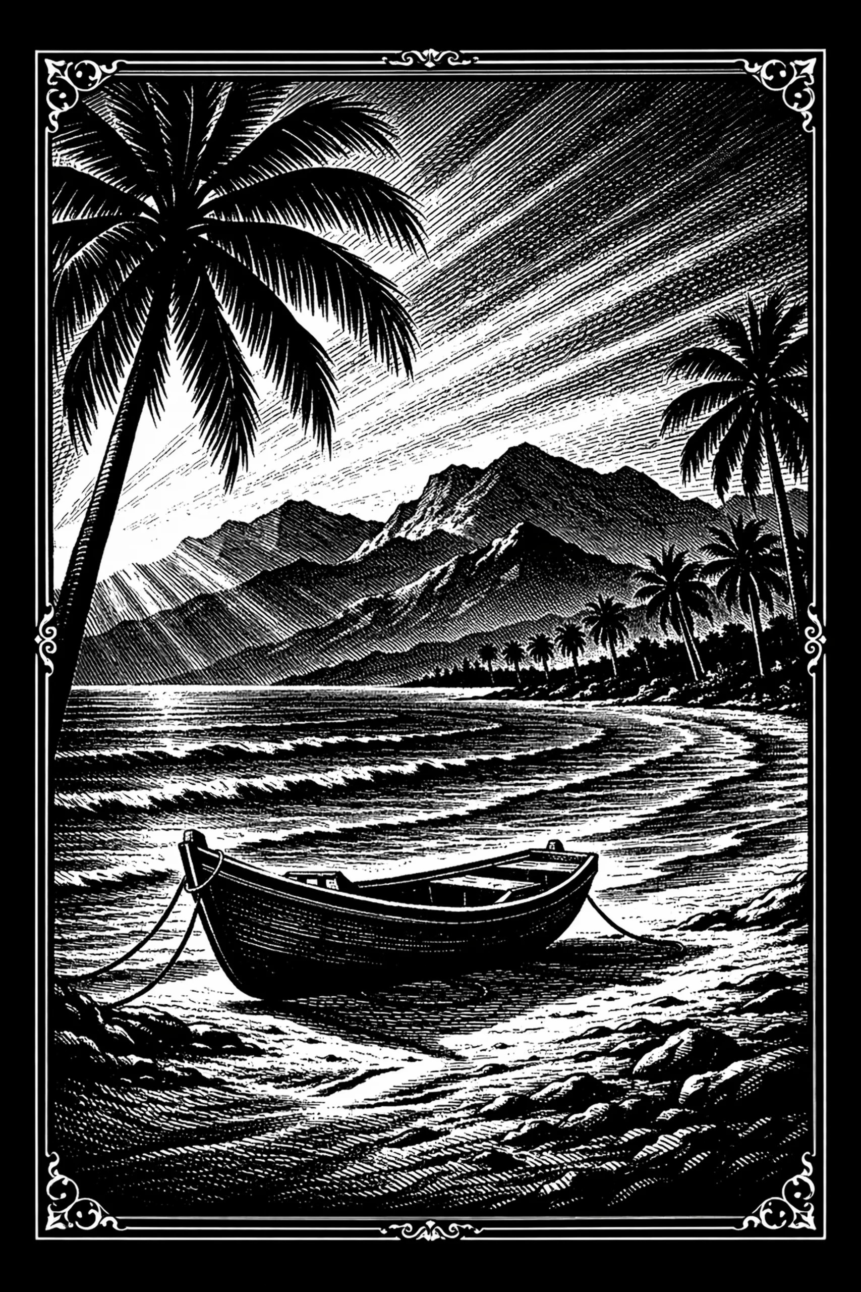 Monochrome engraved scene of a wooden rowboat on wet sand in the foreground, a tall palm at left, a line of smaller palms along a curving shoreline, layered mountain peaks in the background, and radiating hatch lines in.