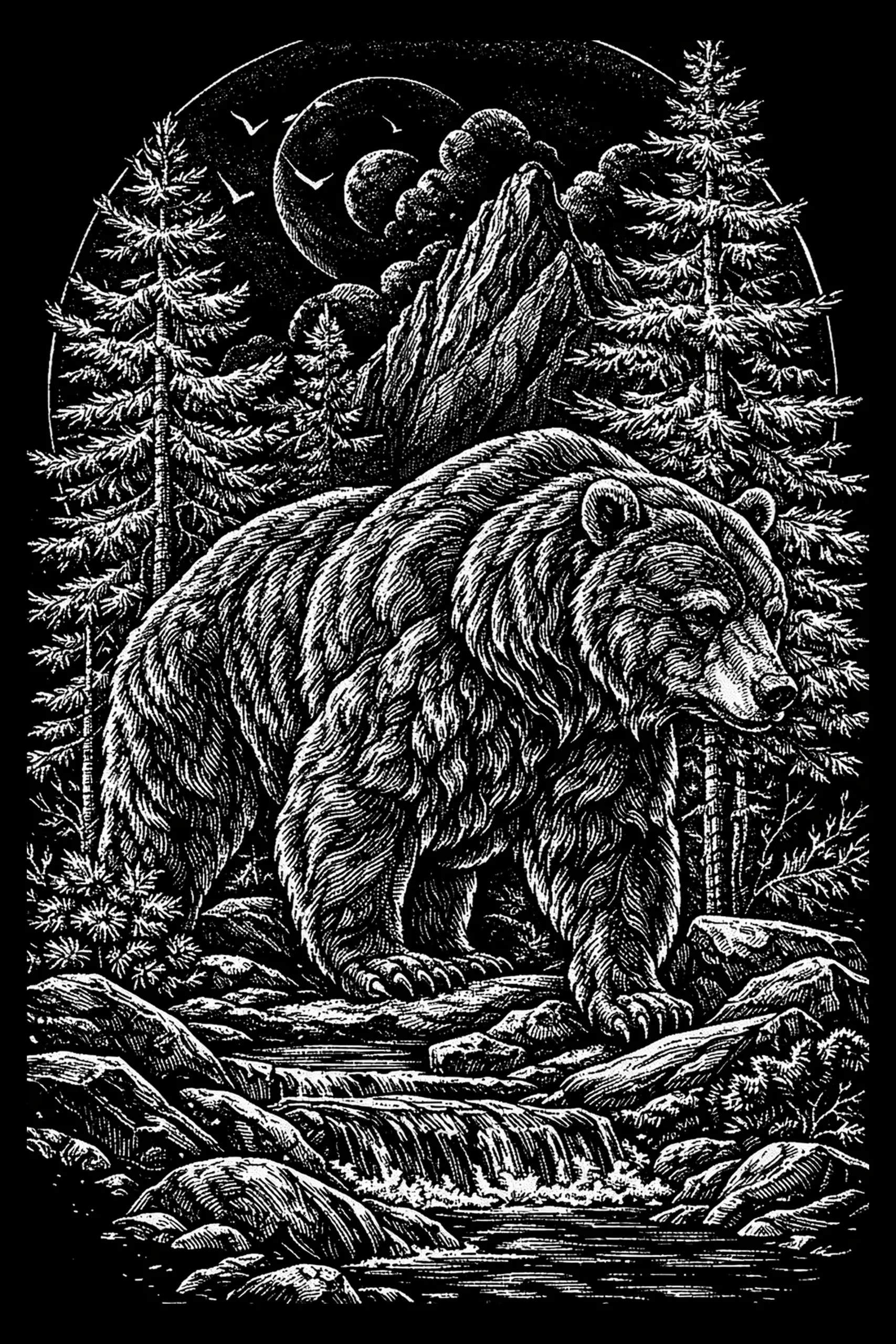 Black-and-white engraving-style image of a large bear standing on rocks above a stream, flanked by tall conifers, with a mountain and two overlapping circular celestial bodies inside a round vignette above.