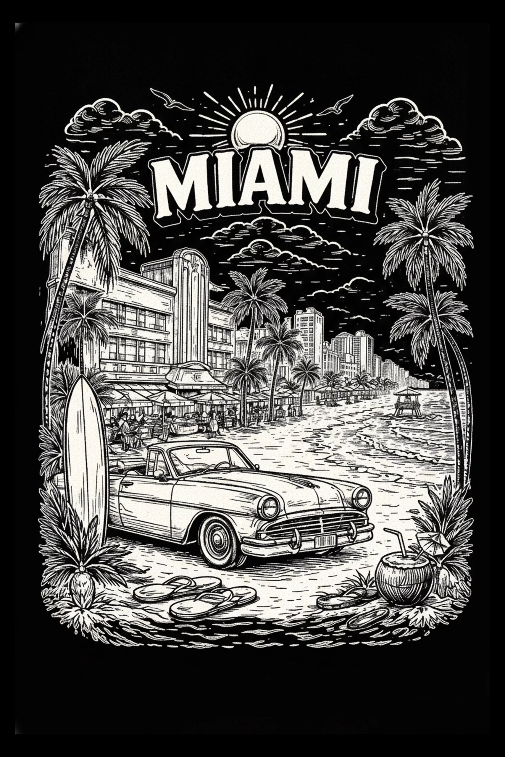 Monochrome illustrated poster with a vintage convertible on a sandy beach, surfboard, flip-flops and coconut in the foreground; palm trees and an art-deco promenade behind them; a row of high-rises and a lifeguard tower.
