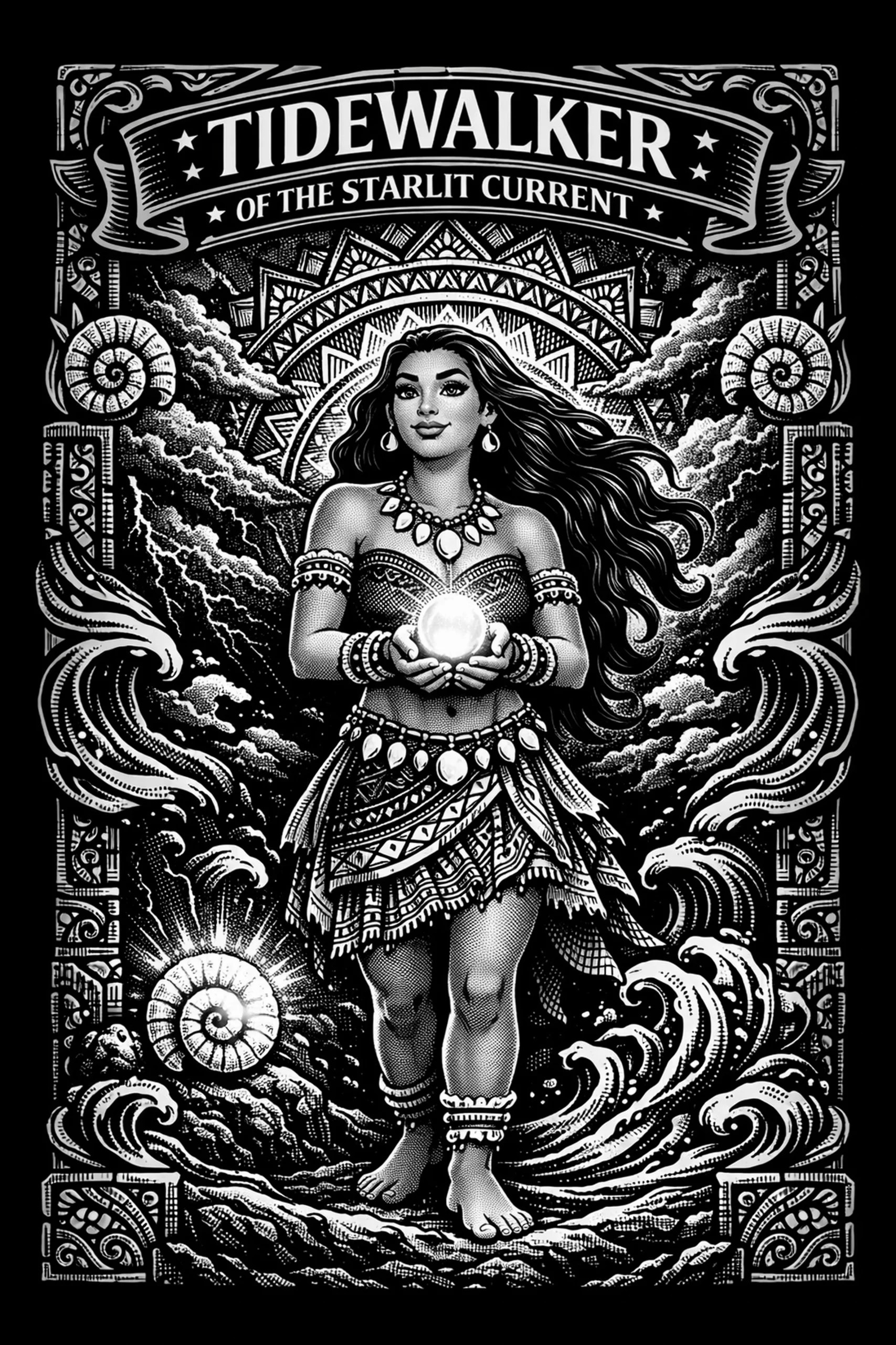 Monochrome engraving-style image of a female-presenting figure standing barefoot on rocks, holding a glowing orb at her chest with a radiating mandala behind her, flanked by stylized waves and shell motifs within an.