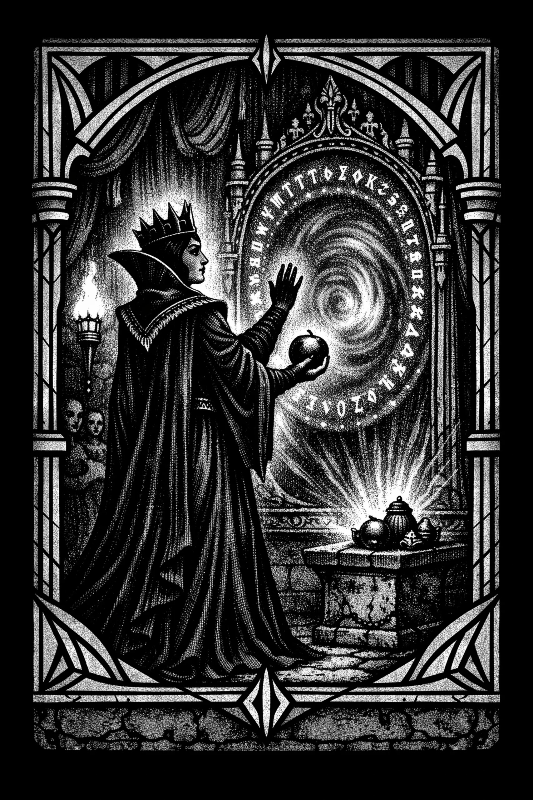 Black-and-white illustration of a crowned robed figure in three-quarter profile reaching toward a glowing circular portal set in an ornate arch; a low stone altar with fruits and a lidded vessel sits before the portal.