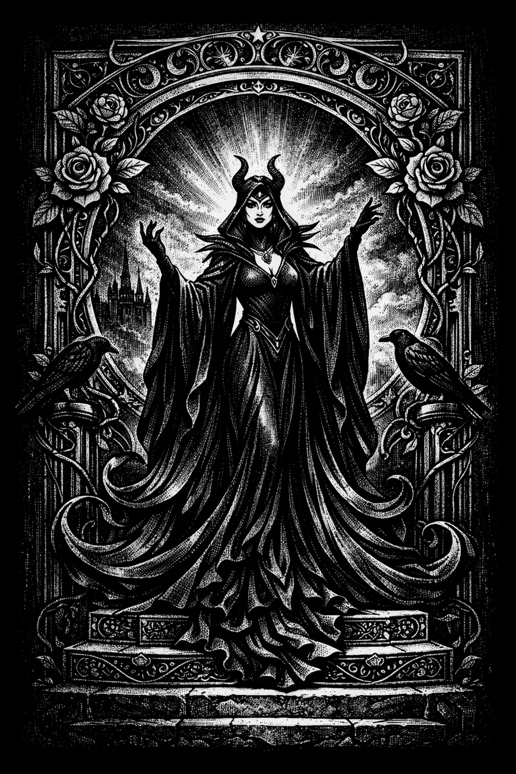 Black-and-white illustration of a hooded, horned female figure standing on carved stone steps beneath an ornate arch with a bright radiating halo behind her head, flanked by two ravens on pedestals and with roses, vines.