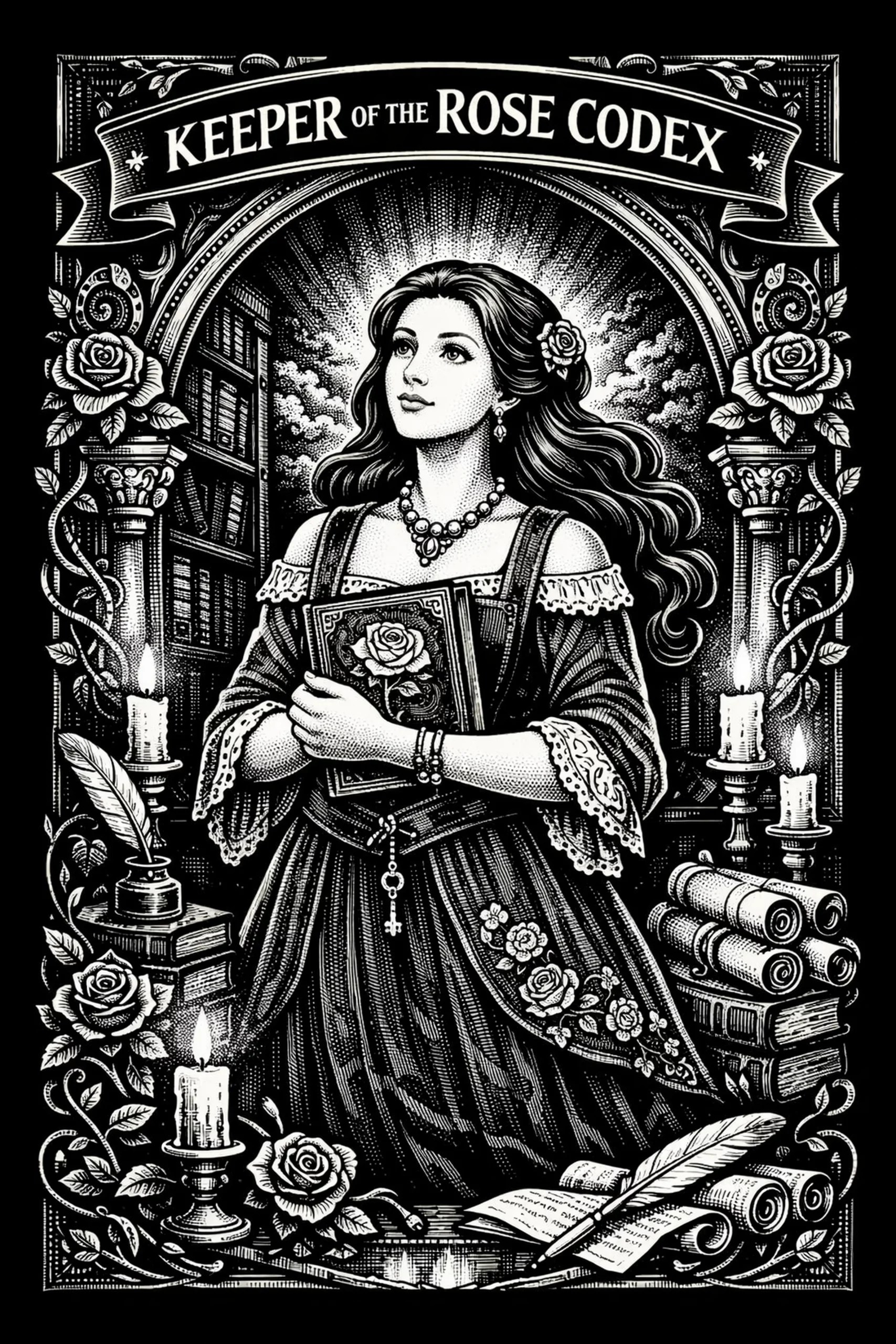 Vertical black-and-white engraving of a young woman framed by a semicircular arch and halo, holding a closed book embossed with a rose; columns, candles, books, quill, rolled scrolls and vine-and-rose ornament surround.
