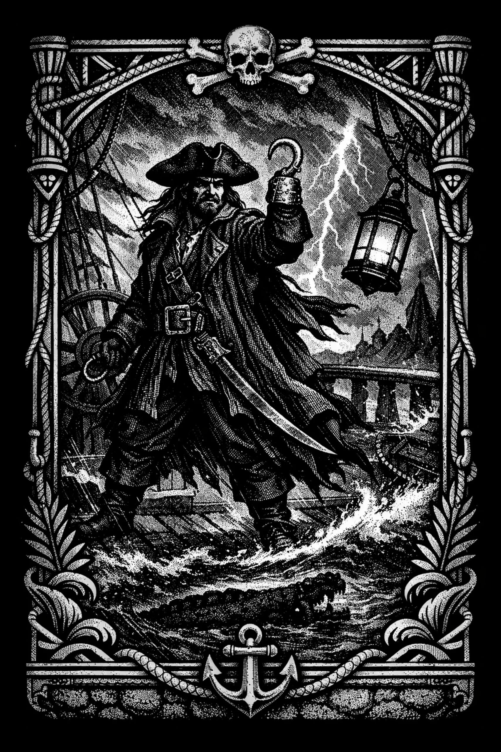 Engraved portrait of a tricorn-hatted mariner standing on deck with a raised hook and lantern to his right; storm clouds and lightning behind him, churning waves and a reptilian head at his feet, framed by a rope border.