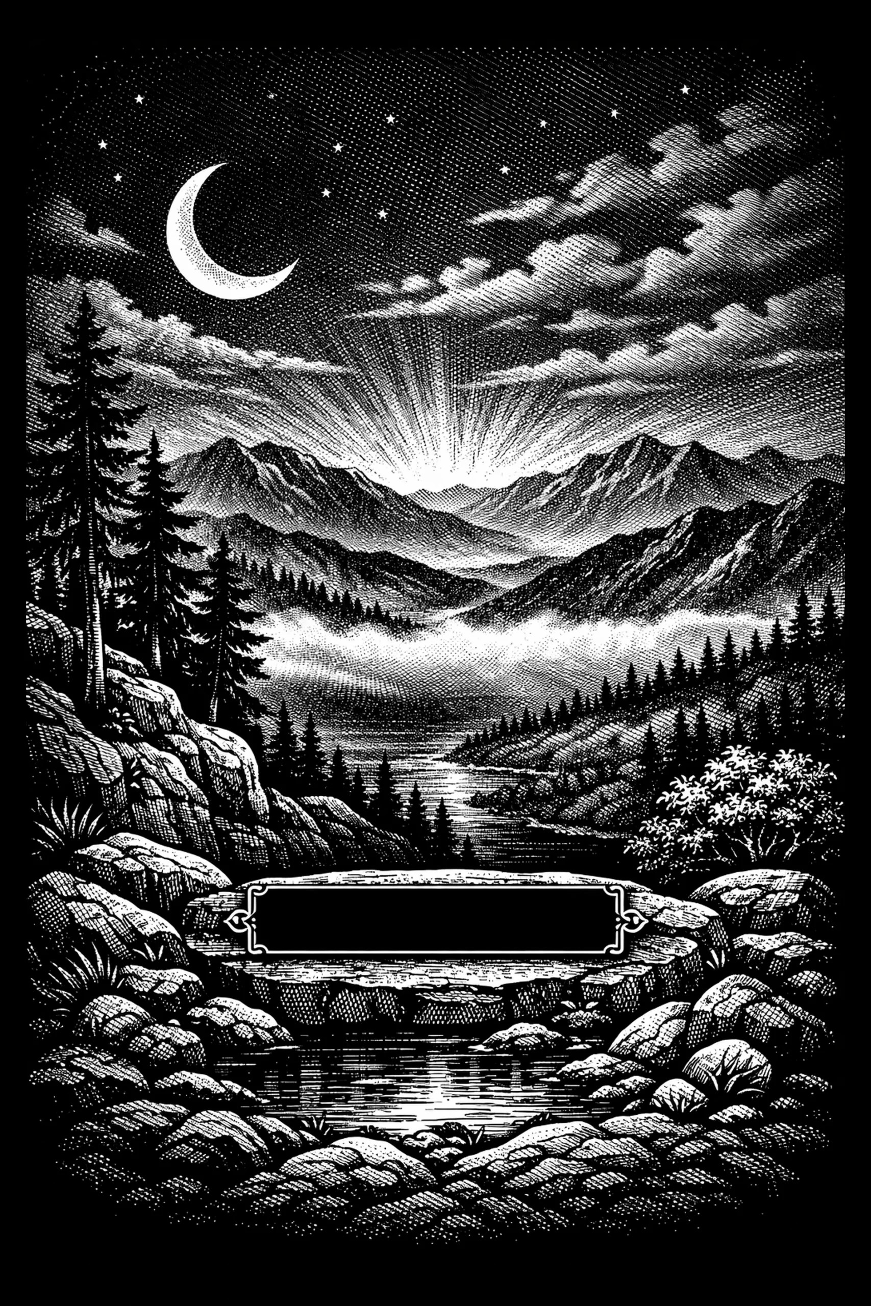 Vertical engraved landscape showing foreground rocks and a reflective pool with a dark rectangular cartouche, a valley with a winding river and conifer silhouettes, layered mountain ridges with a bright radiant burst.