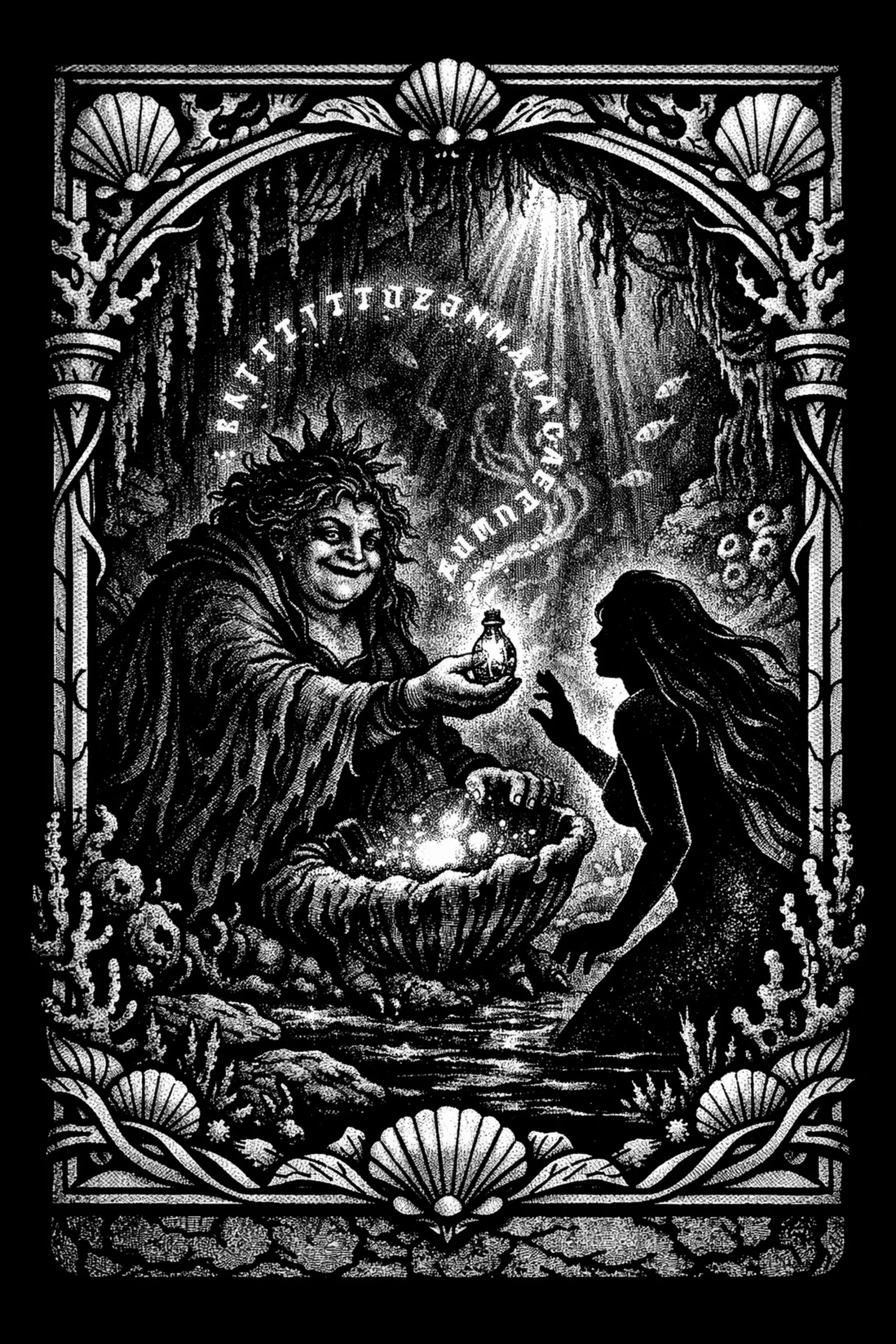 Monochrome stippled scene showing a robed figure on the left extending a small glowing vial over a large open shell with luminous pearls while a silhouetted woman on the right reaches toward it in a cave lit by a shaft.