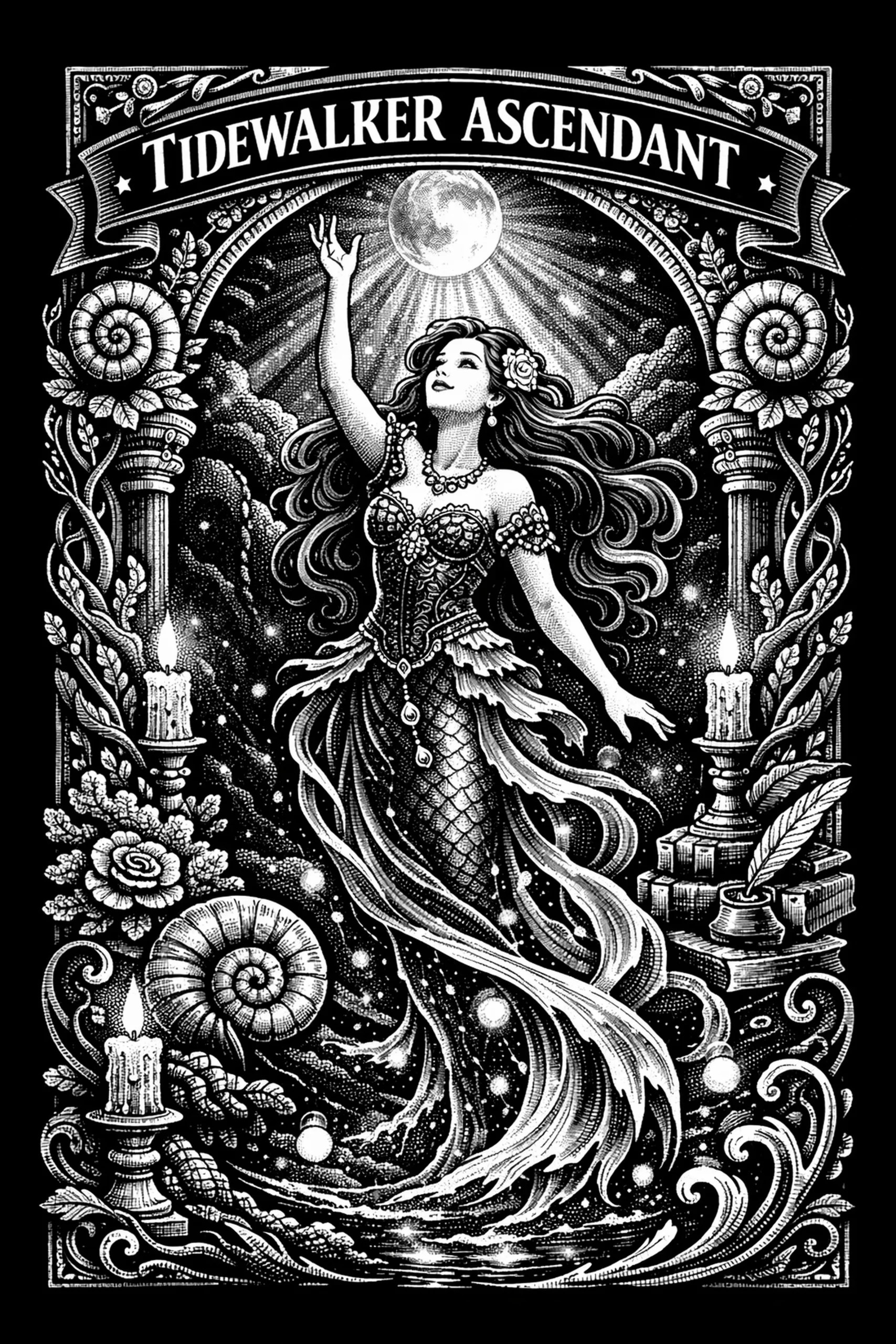 Monochrome engraving of a mermaid-like woman rising beneath a radiant full moon inside an ornate arched frame; twin fluted columns with spiral shell capitals flank her, candles drip near the base, and books, an inkwell.