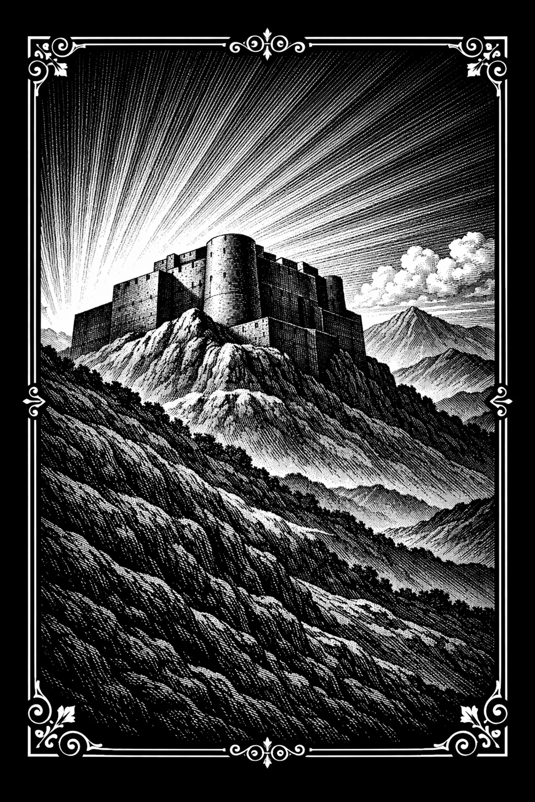 Engraved black-and-white scene of a single castle with a cylindrical tower on a steep rocky ridge, diagonal foreground slopes, radiating sky lines behind the castle, distant mountain peak to the right, and a white.