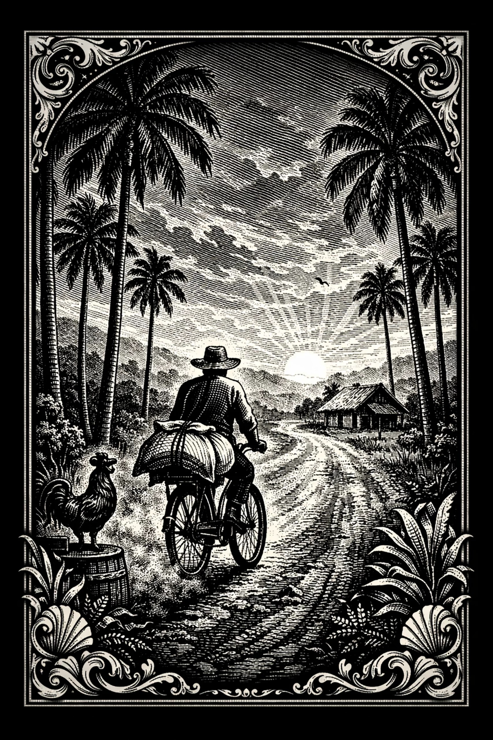 Black-and-white engraving-style scene showing a rear-view cyclist with a bundled parcel riding along a central dirt road toward the sun at the horizon, flanked by tall palm trees, a small hut to the right, and a rooster.