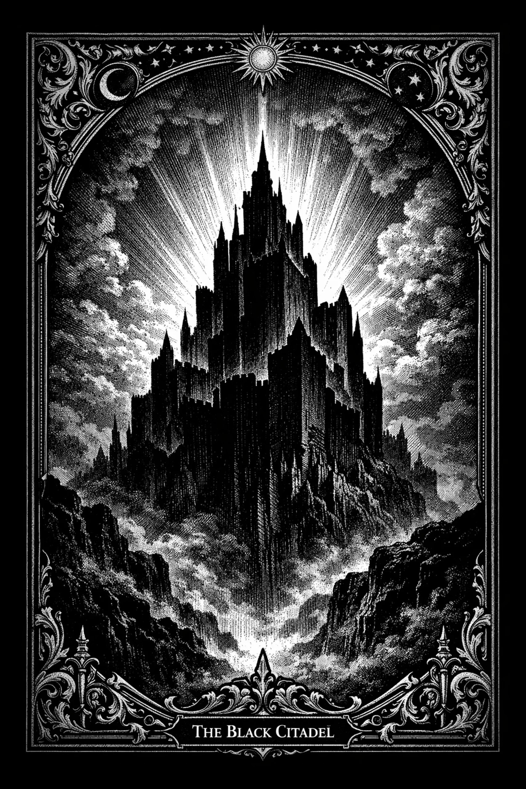 Vertical black-and-white engraving of a tall silhouette citadel rising through mist toward a radiant halo, framed by an ornate arch with crescent moon and star medallions and decorative scrollwork, with a rectangular.