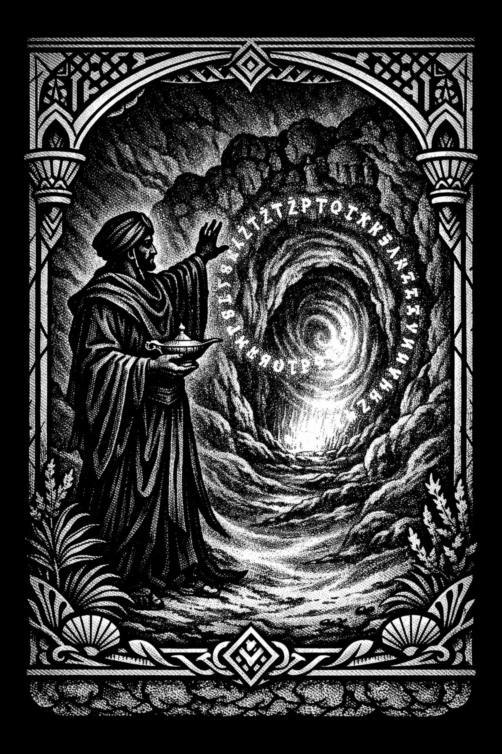 Monochrome illustration of a robed, turbaned figure holding a small lamp and raising a hand toward a bright spiraling cave opening; ornate arch and decorative border surround the scene.