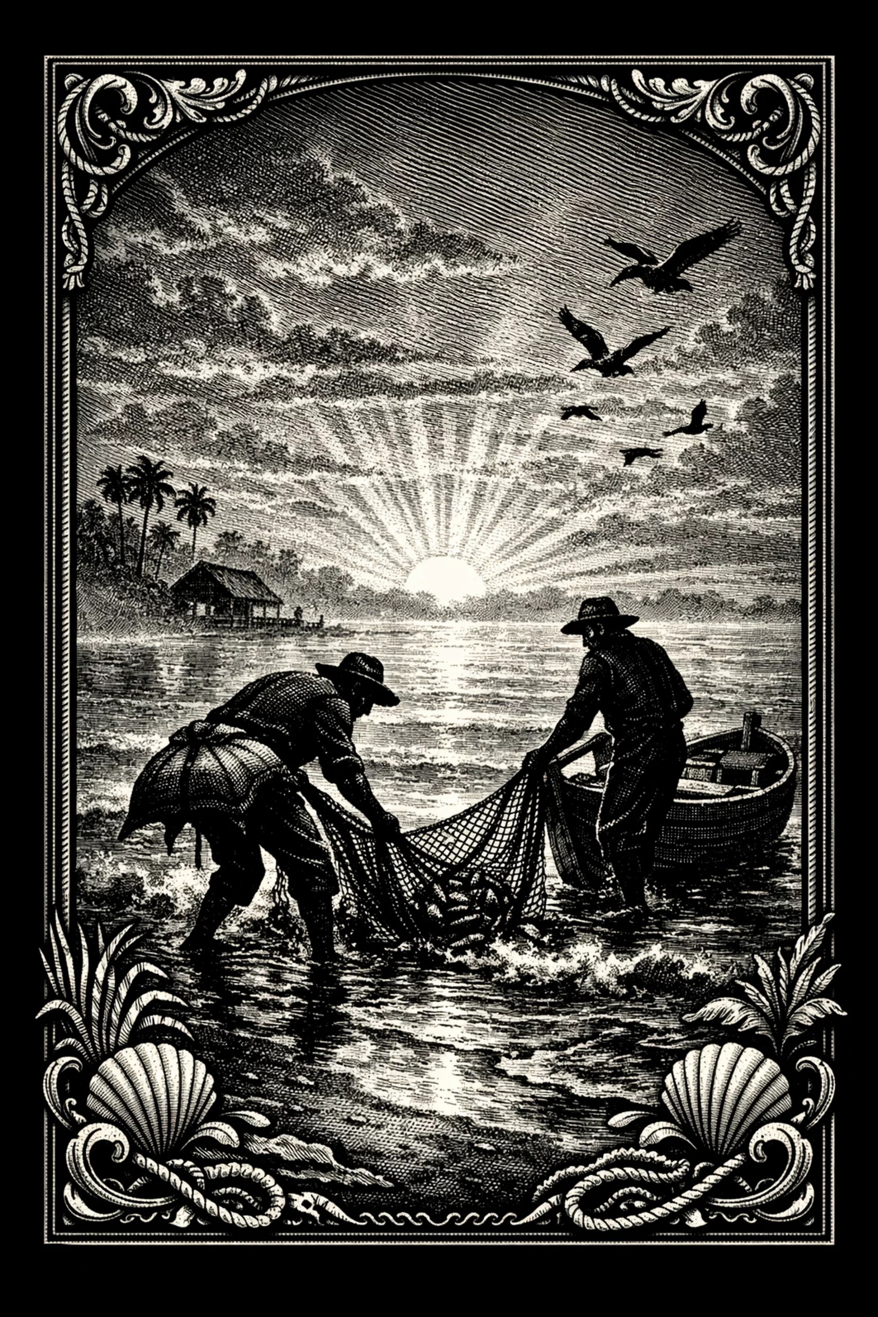 High-contrast engraved scene showing two silhouetted fishermen in shallow water pulling a diamond-mesh net toward a centered rising sun; a small rowboat sits to the right, a thatched hut and palm trees silhouette the.