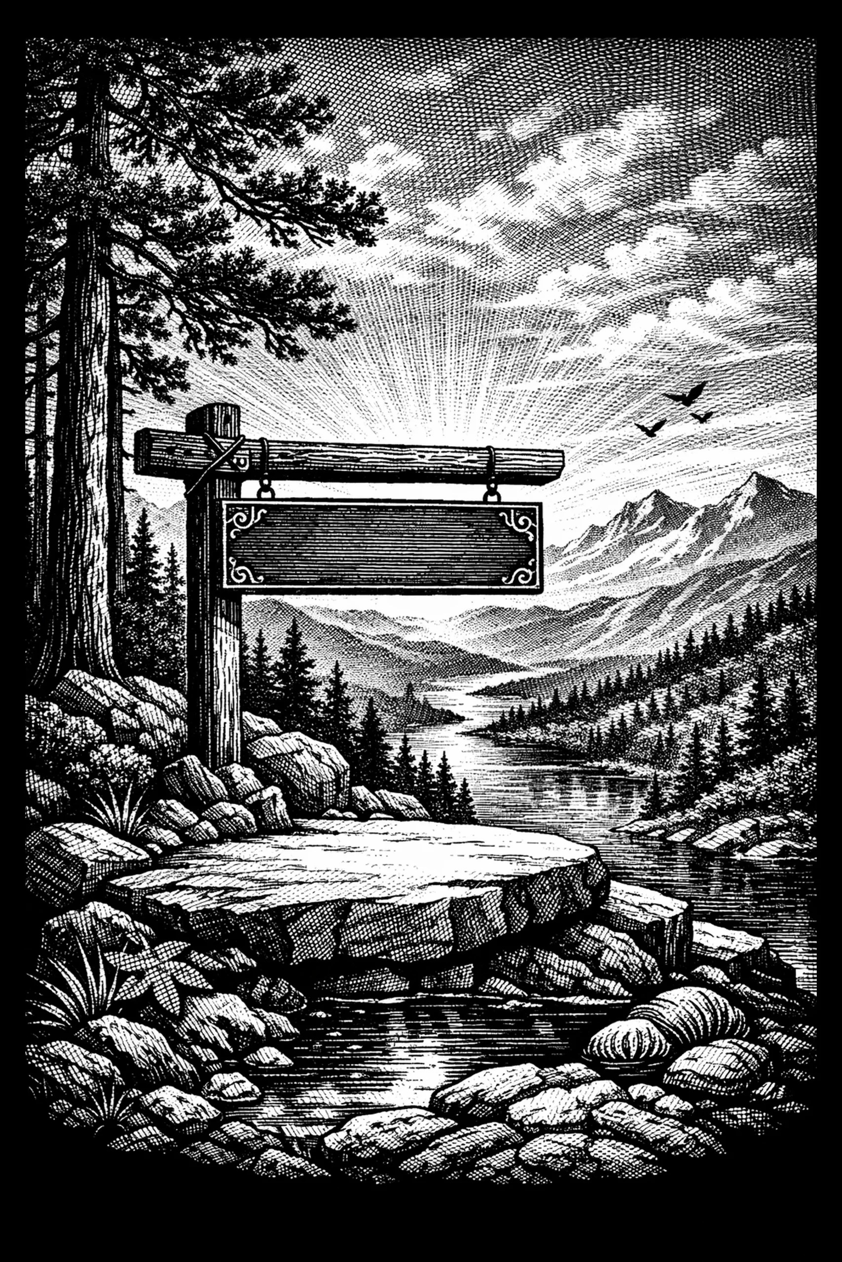 Black-and-white engraving of a wooden post with a horizontal beam and a blank rectangular hanging sign above a flat foreground rock; a river winds into the distance past conifer-covered banks toward jagged mountains.