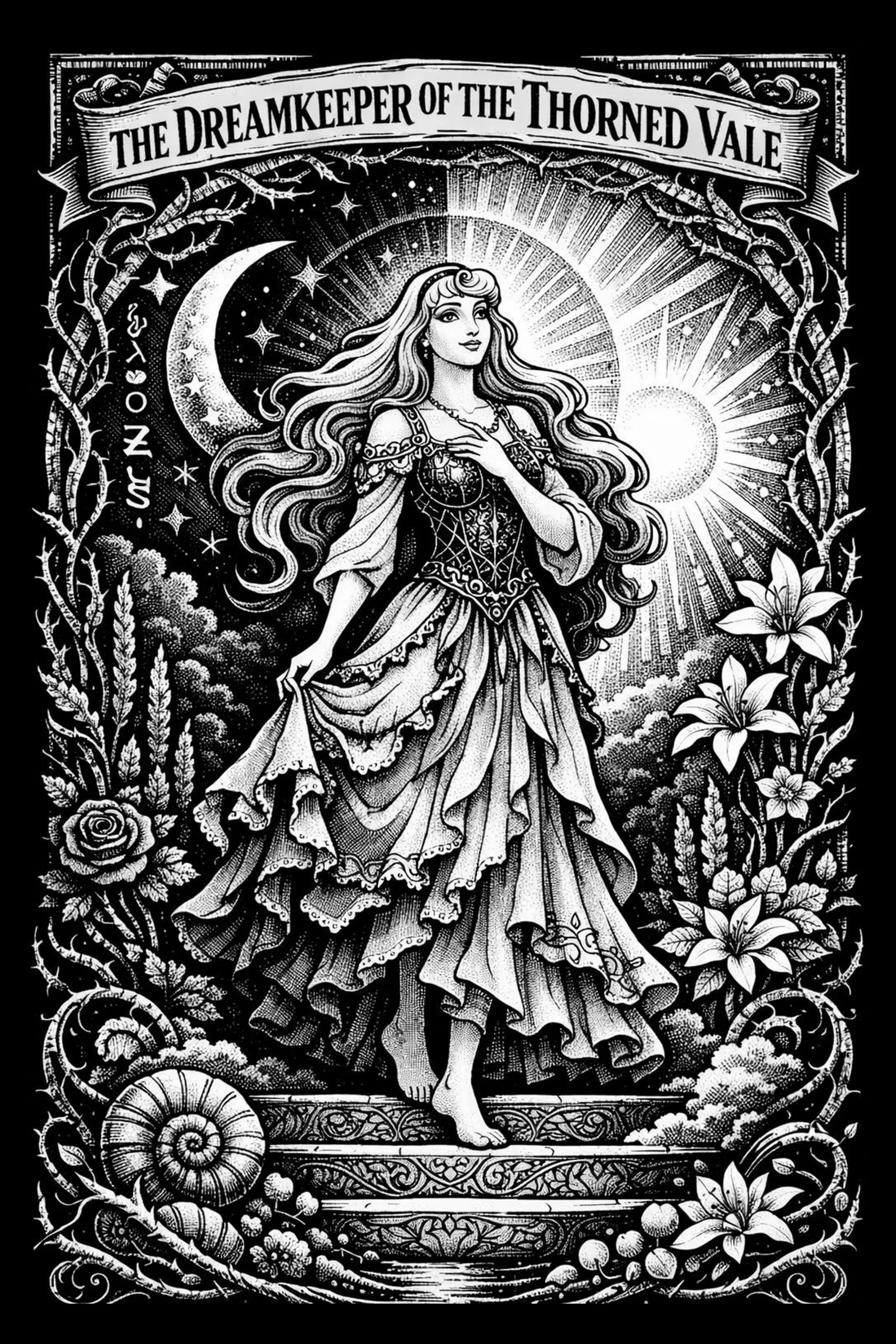 Black-and-white engraved-style illustration of a standing female figure in a corseted ruffled dress with long wavy hair, centered before a radiant sun halo to her right and a crescent moon to her left, framed by a.