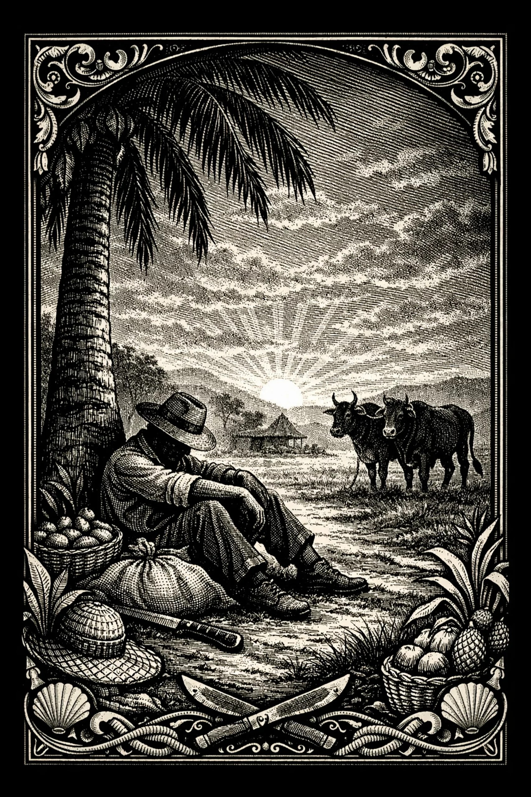 Monochrome engraved scene showing a seated person leaning against a palm at lower left, baskets and a machete in the foreground, two cattle standing mid-right, a small thatched hut on the horizon, and a radiant sun with.