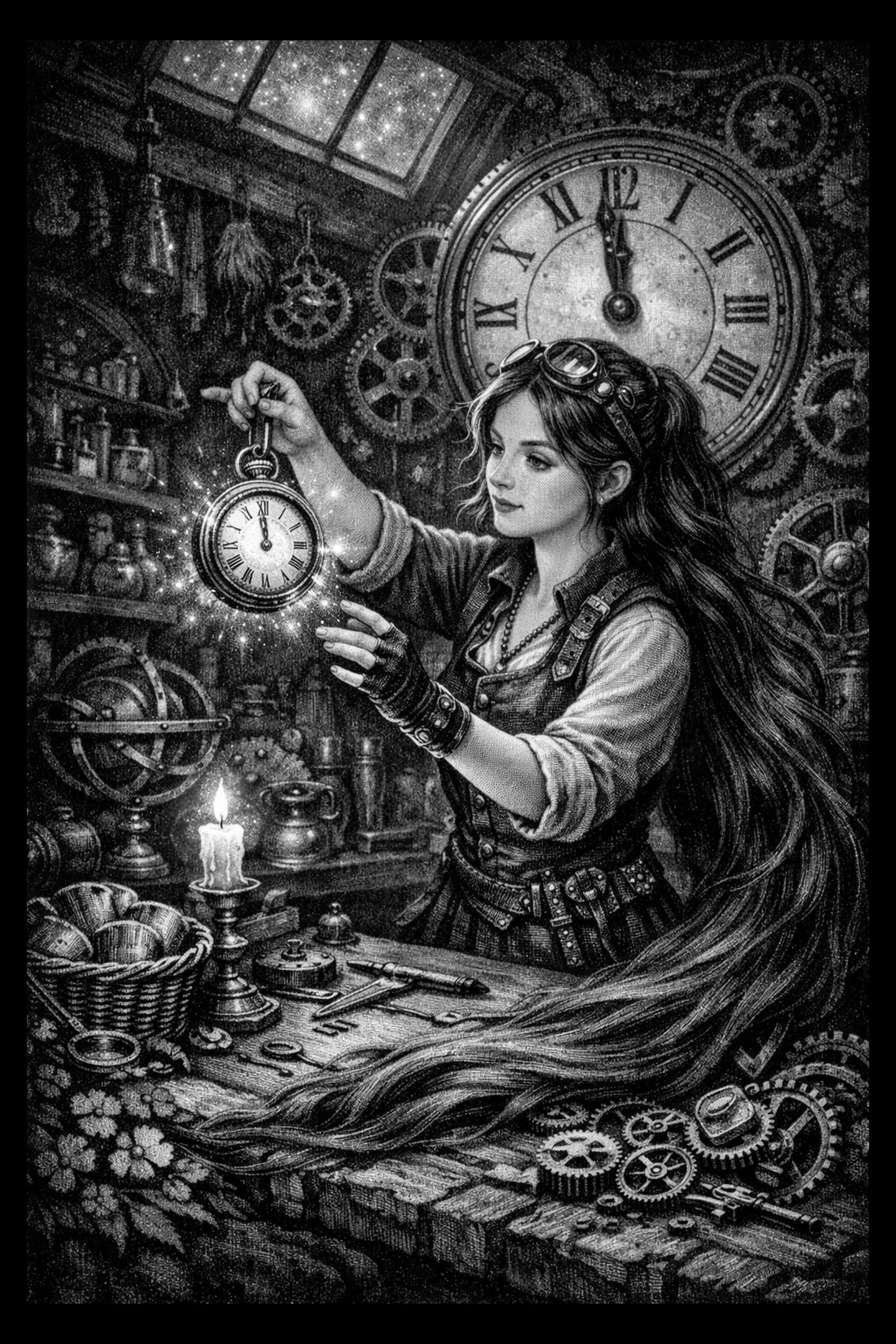 Monochrome engraving of a young woman in a workshop holding a glowing pocket watch; a large wall clock, clusters of gears, a candle, tools, shelves of jars and a skylight fill the surrounding space.