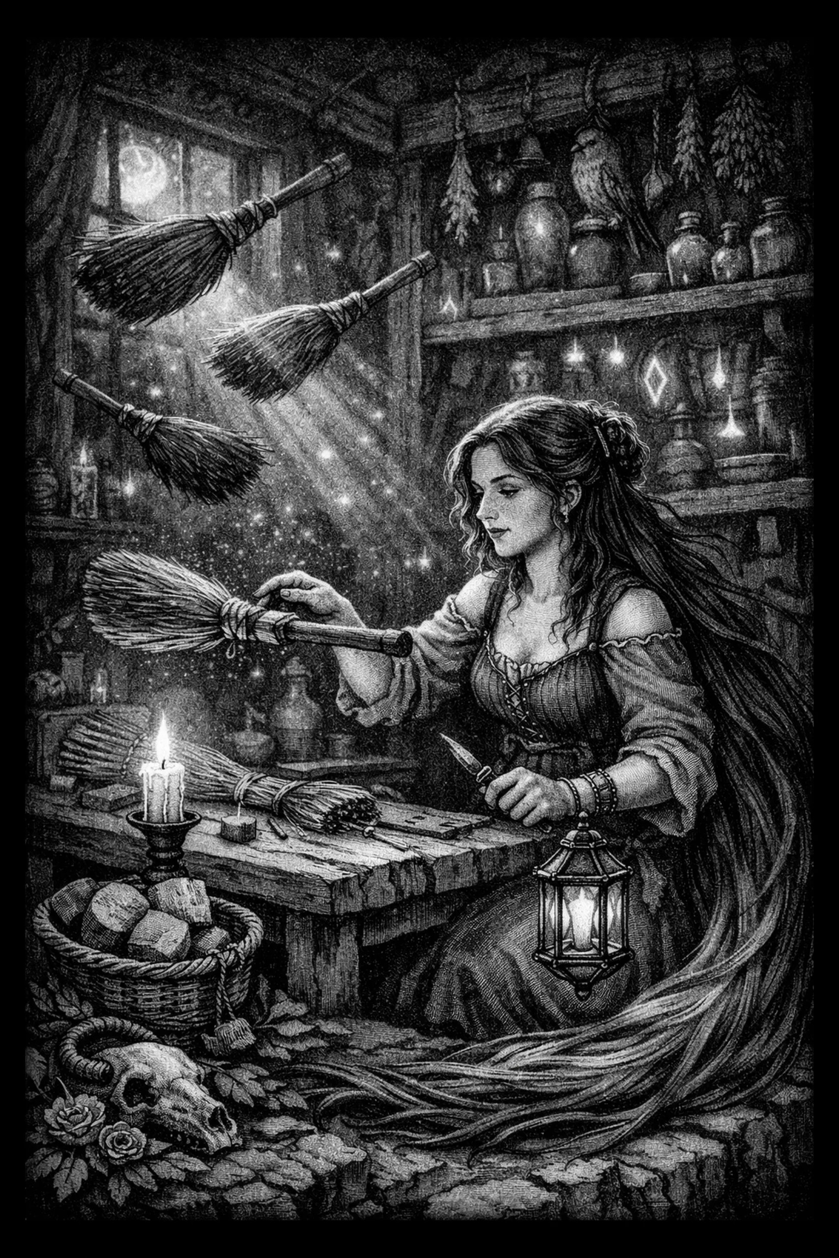 Vertical ink-style illustration of a seated woman in a dim workshop reaching toward a hovering broom; a procession of airborne brooms travels from a moonlit window at upper-left toward her hand, a candle and hanging.