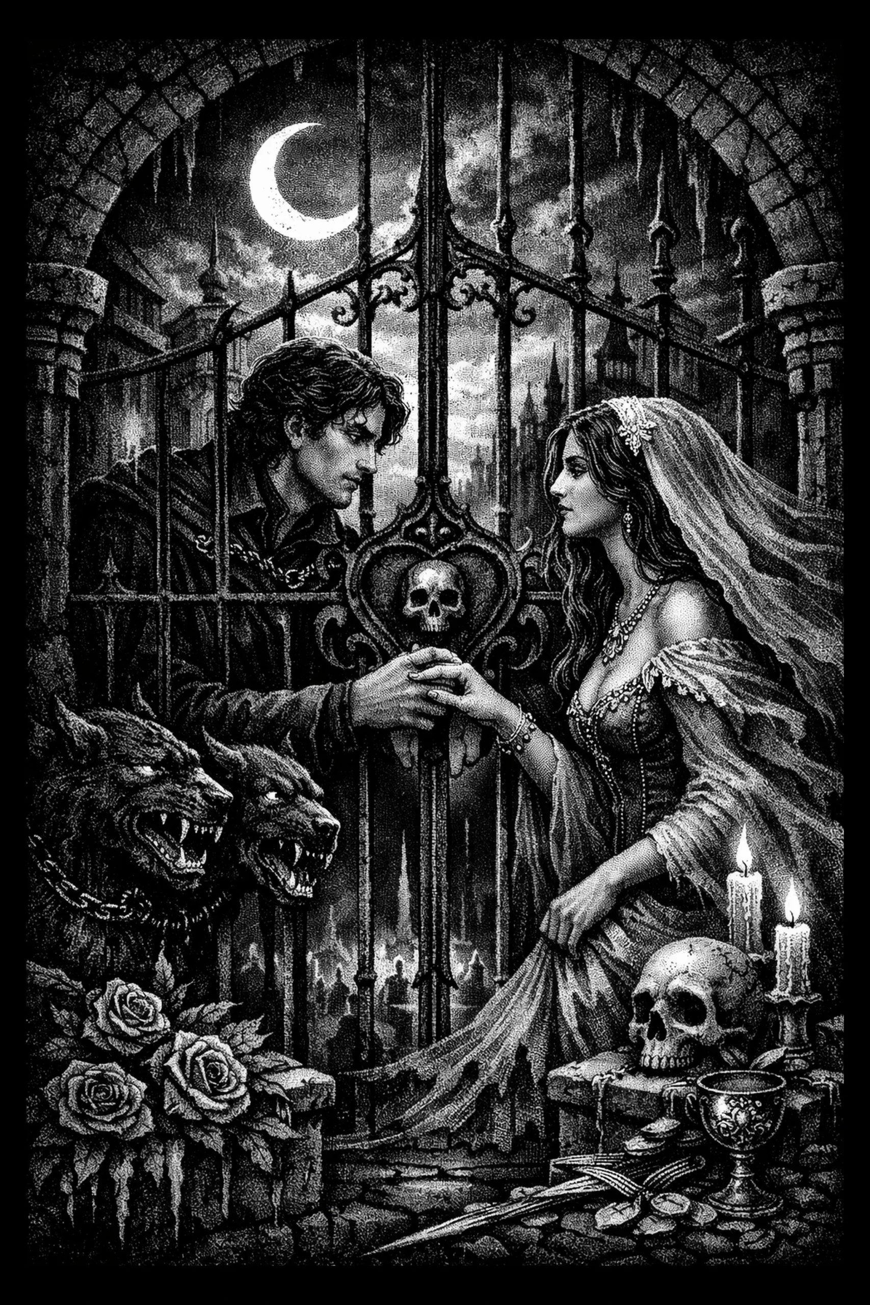 Vertical black-and-white engraving of two figures meeting through an ornate iron gate beneath a crescent moon; a skull medallion sits behind their joined hands, snarling canine heads and roses occupy the lower-left, and.