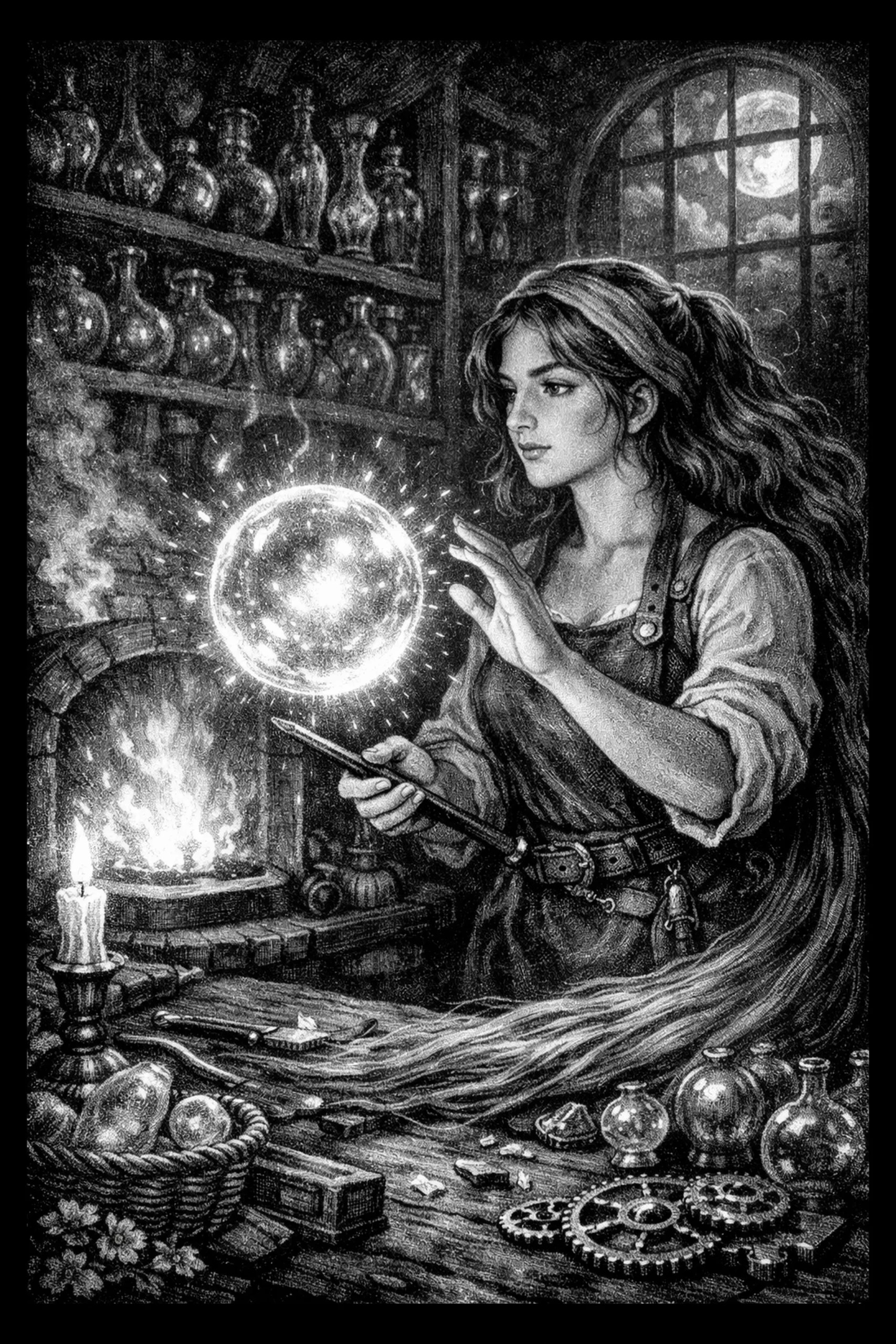 Monochrome illustration of a woman at a cluttered workbench reaching toward a luminous floating orb, with shelves of glass bottles, a kiln with fire at left, and an arched window showing the moon at upper right.