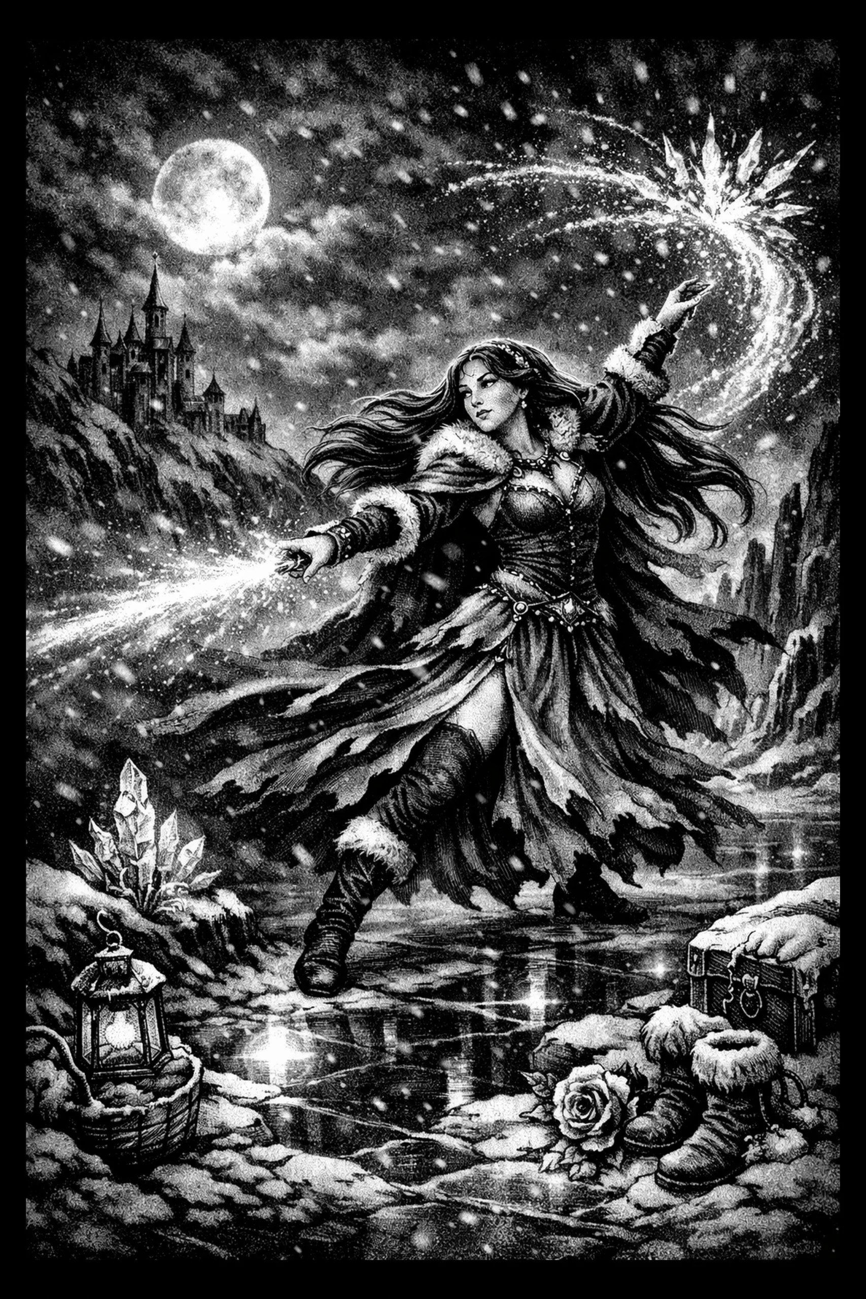 Engraved monochrome scene of a cloaked woman standing on a frozen pond, projecting a leftward beam and guiding an arcing starburst toward her raised hand; distant castle at left, cliffs at right, lantern and crystal.