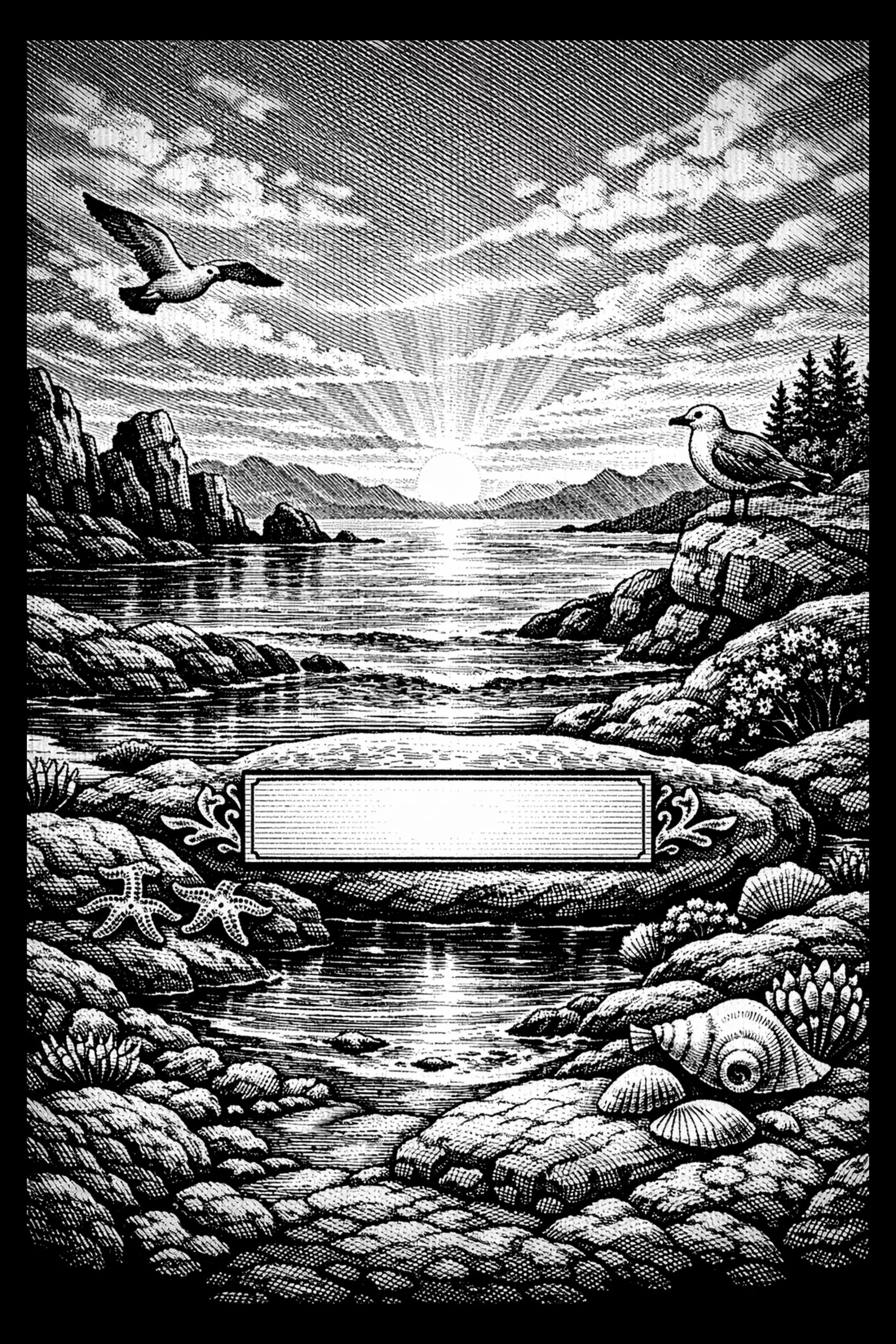 Black-and-white engraved coastal scene showing a sun on the horizon with a vertical reflection on calm water, distant mountains, a perched gull on a right promontory with trees, a flying gull in the sky, a recessed.
