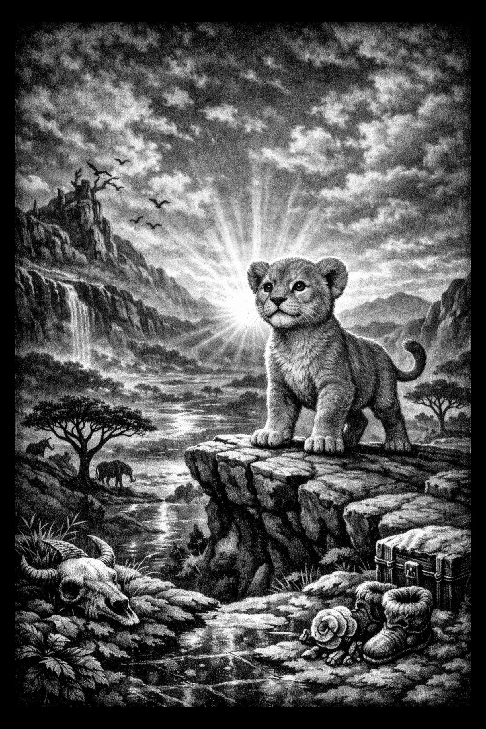 Monochrome illustration of a lion cub standing on a rocky promontory with a sunburst behind its head; a reflective river leads to the foreground where a horned skull sits left and a small trunk, pair of fur-lined boots.
