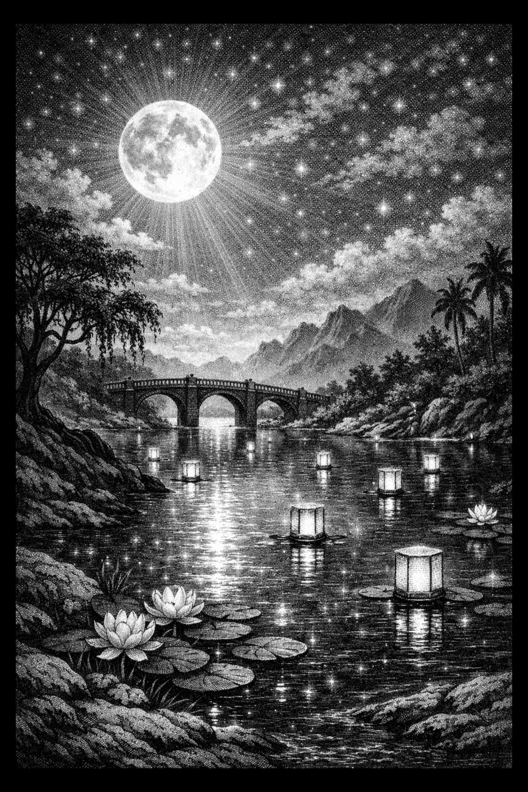 Monochrome engraving of a full moon over a three-arched stone bridge; many small floating lanterns drift down the reflective river with lotus blossoms and rocky shores in the foreground and silhouetted trees and.