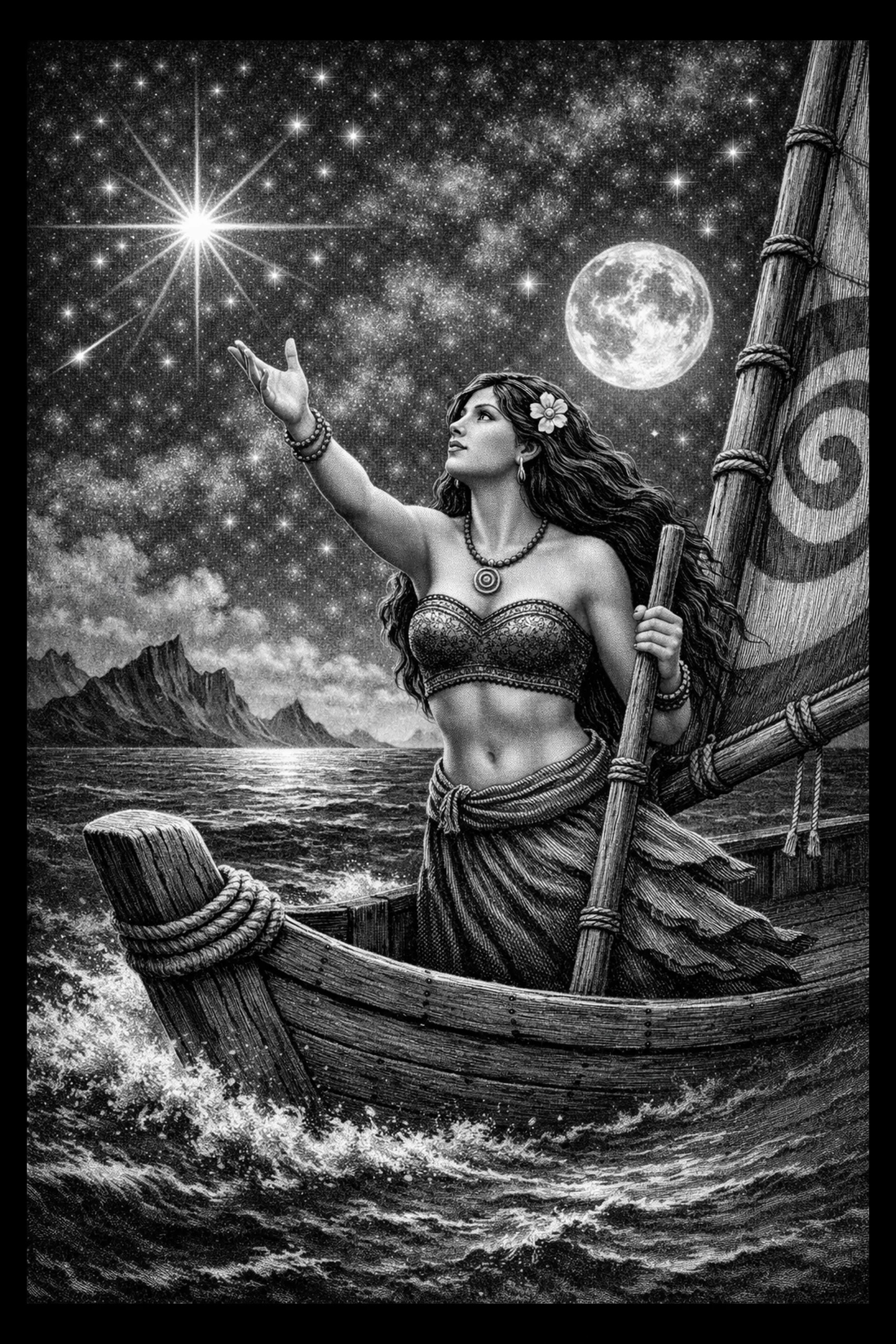 Engraving-style scene of a woman standing in a small wooden boat at night, reaching toward a very bright star with a full moon to the right and turbulent sea below.