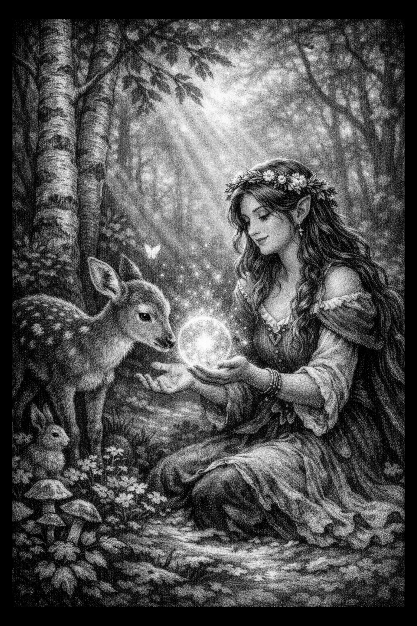 Grayscale drawing of an elf-like woman seated on the forest floor holding a glowing orb in her cupped hands as a fawn leans its head toward the light; birch trunks, mushrooms and a small rabbit appear in the foreground.