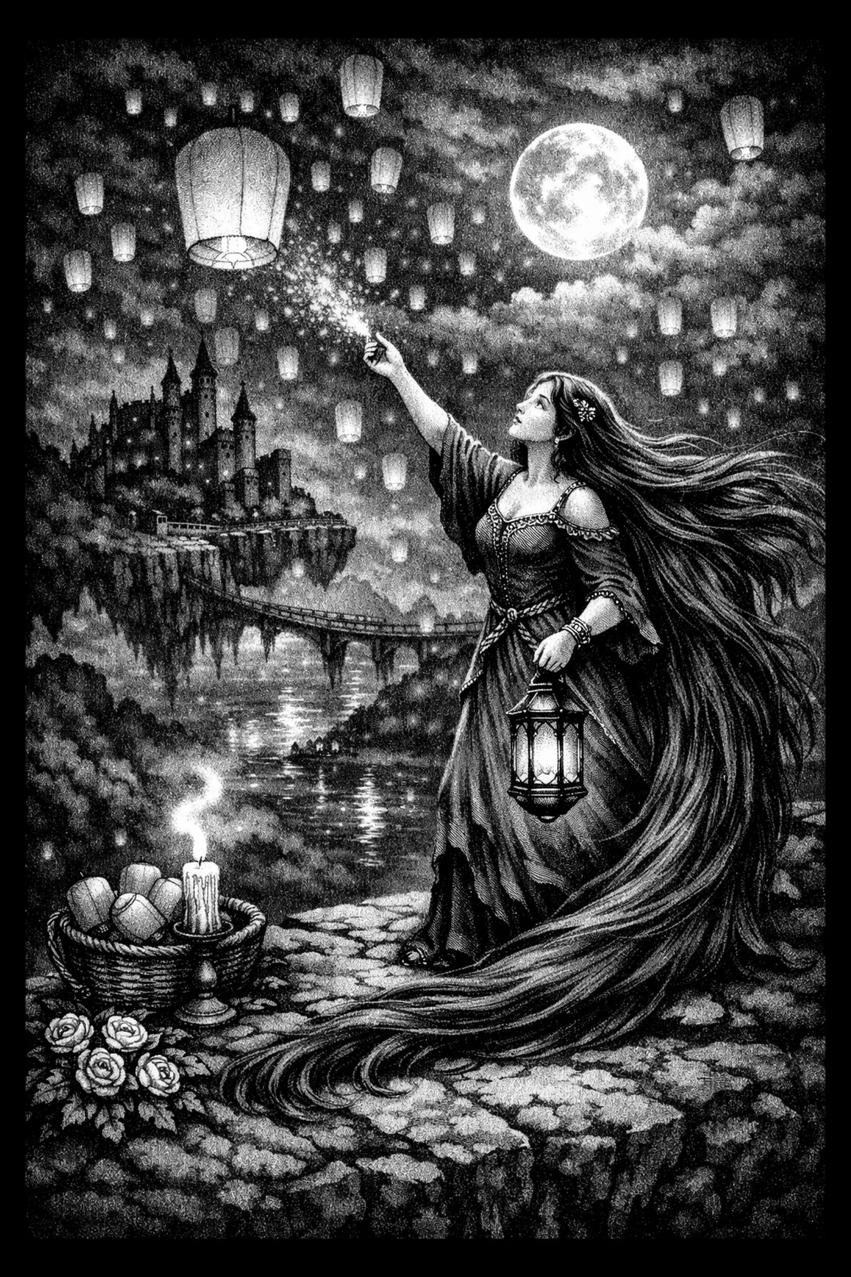 Portrait-format illustration of a woman in a long gown standing on a cracked stone ledge, holding a lantern at her hip and raising a hand toward many floating paper lanterns and a bright moon; a castle on a cliff and an.