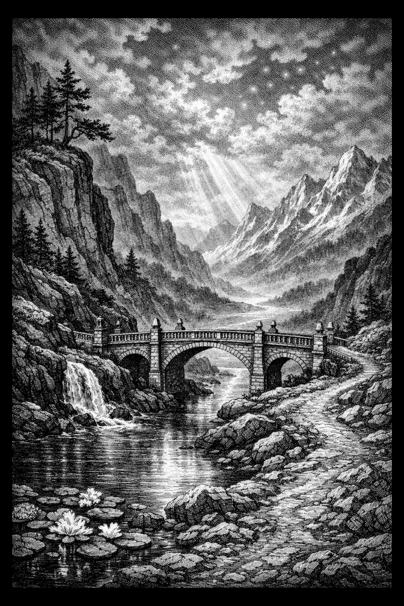 Monochrome engraved landscape showing a three-arched stone bridge centered over a reflective river, a waterfall on the left bank, lily pads in the foreground, a cobbled path on the right, pine trees on cliffs, and.