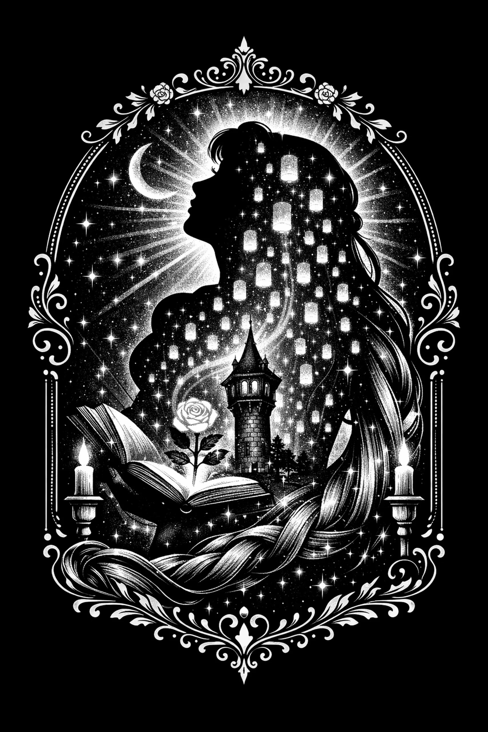 Vertical black-and-white illustration in an ornate oval frame showing a left-facing silhouetted female head-and-shoulders rim-lit by a radiating halo; inside and around the silhouette are a crescent moon, star field, a.