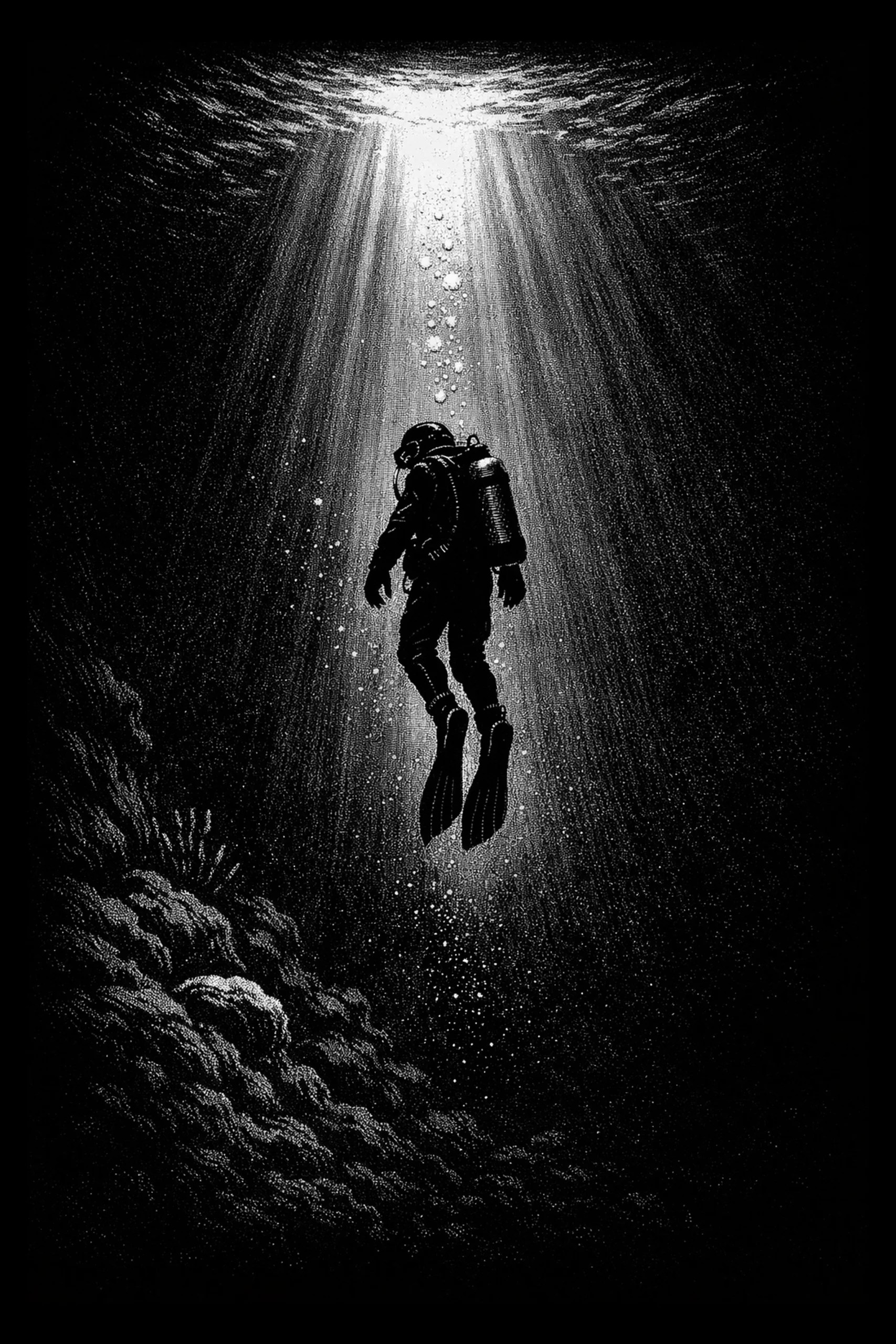 Monochrome stippled image of one silhouetted scuba diver centered in a vertical column of light ascending to a bright oval opening at the top; a trail of bubbles rises through the light and a textured rock-like seabed.