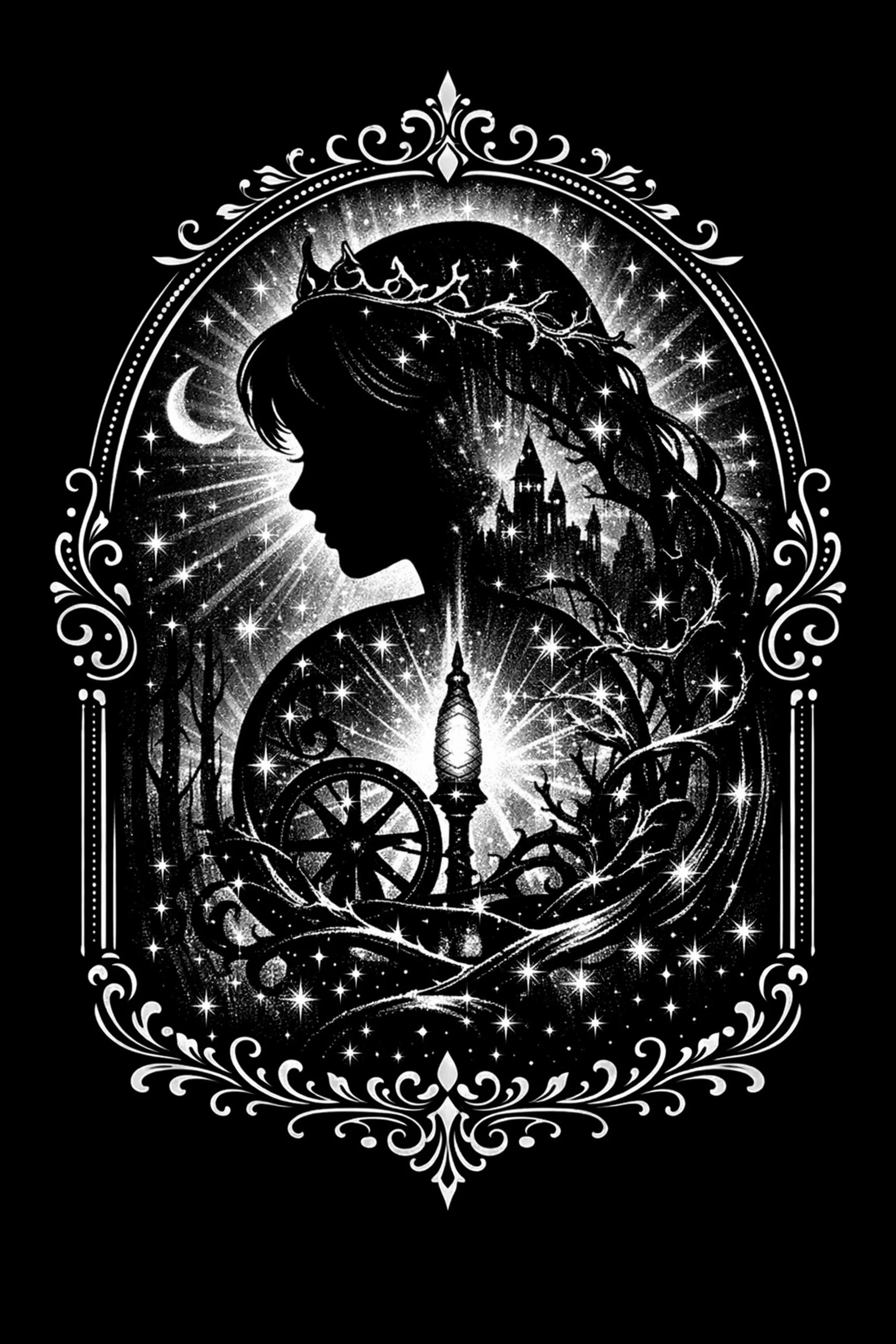 High-contrast black-and-white artwork: ornate white oval frame containing a backlit female profile silhouette facing right, long hair with a castle silhouette, a crescent moon, a central spindle and spoked wheel.