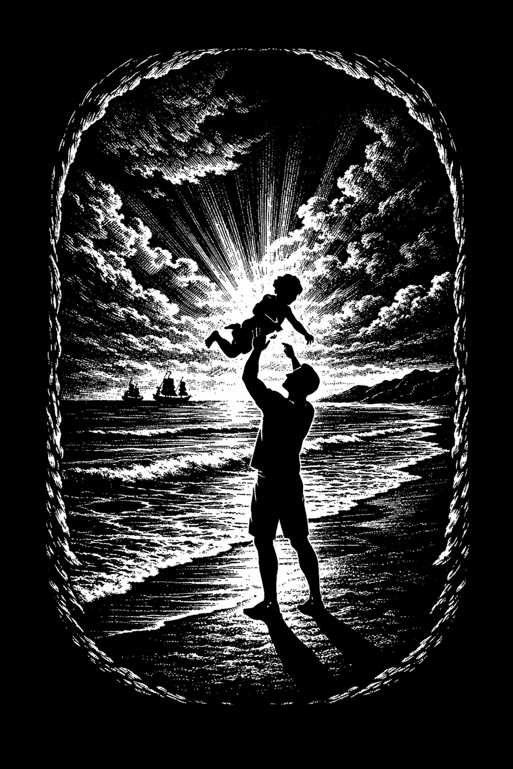 High-contrast black-and-white artwork of an adult lifting a child on wet sand at a bright central horizon, with two sailing ships on the left horizon and a headland to the right, framed by a braided rope border.